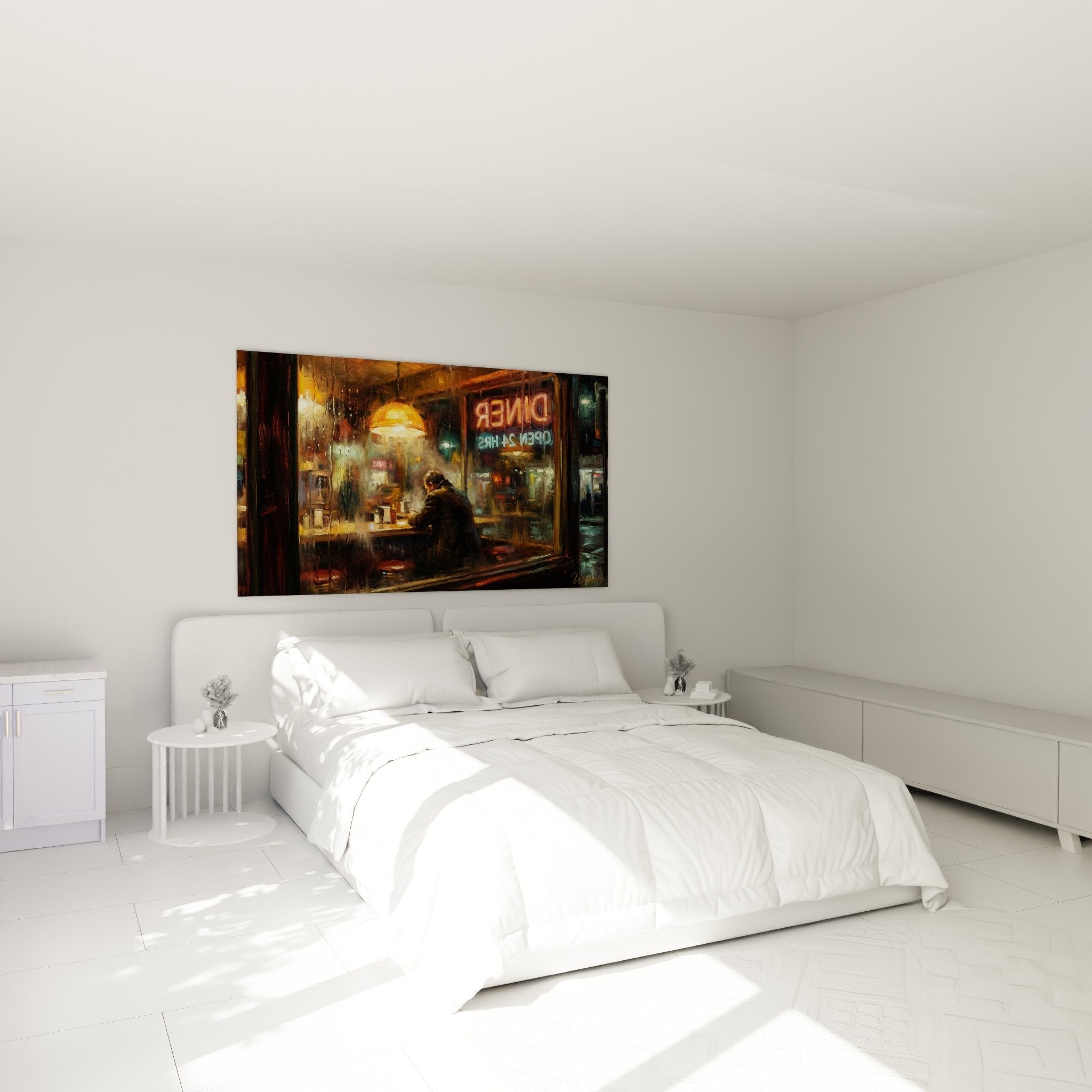 Decoration murale chambre tableau diner nuit pluie ambiance intimiste lumiere chaude neons colores urbain