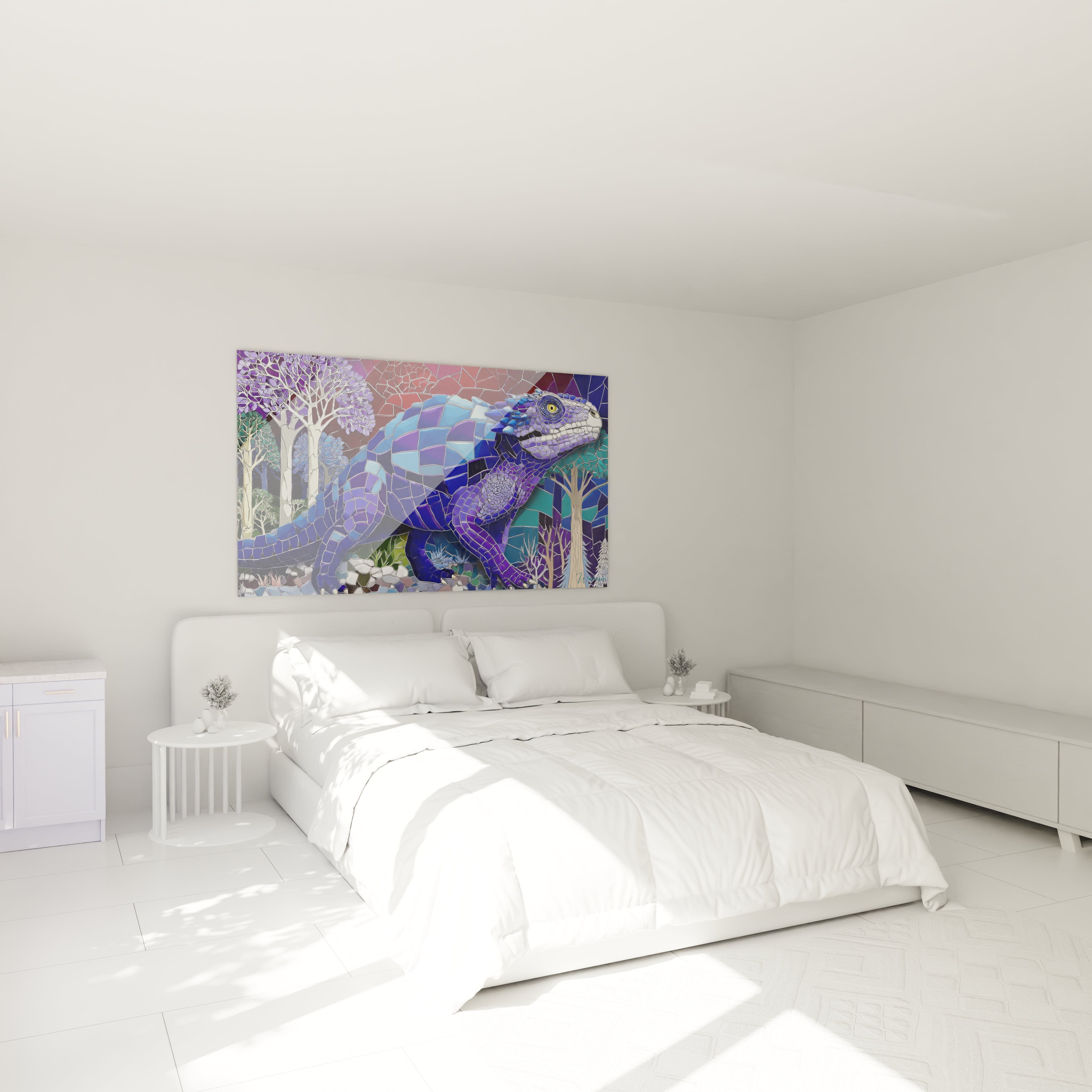 Décoration chambre avec tableau dinosaure mosaïque géométrique aux tons bleus et violets