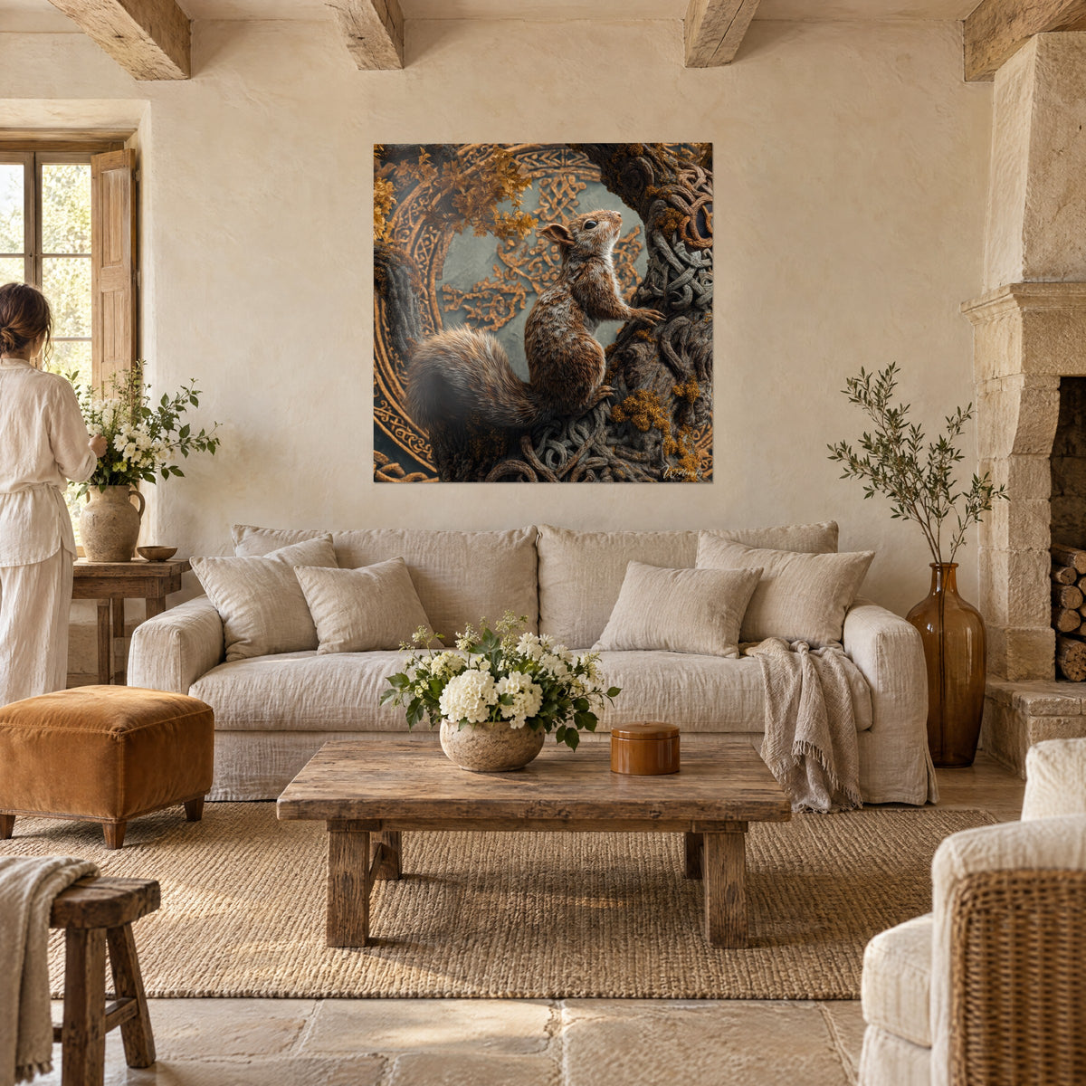 Wall art red squirrel perched on an oak trunk, ochre moss and golden rosettes, above a sofa in a bright living room