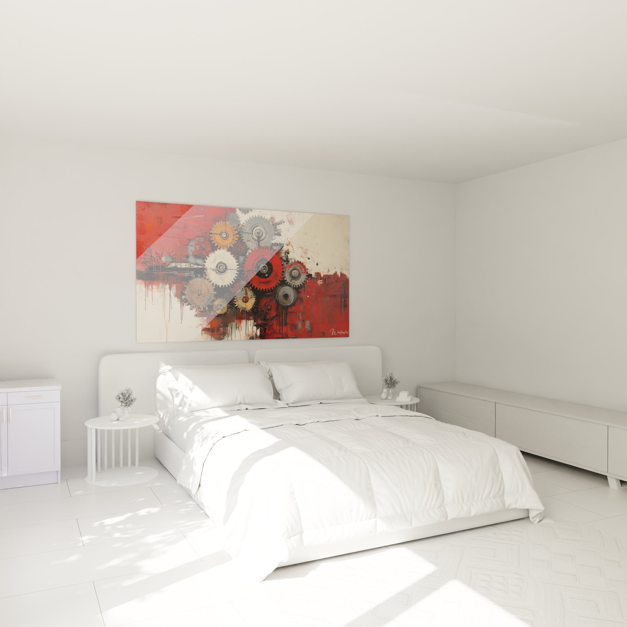 Décoration chambre avec tableau engrenages industriels aux couleurs rouge et beige