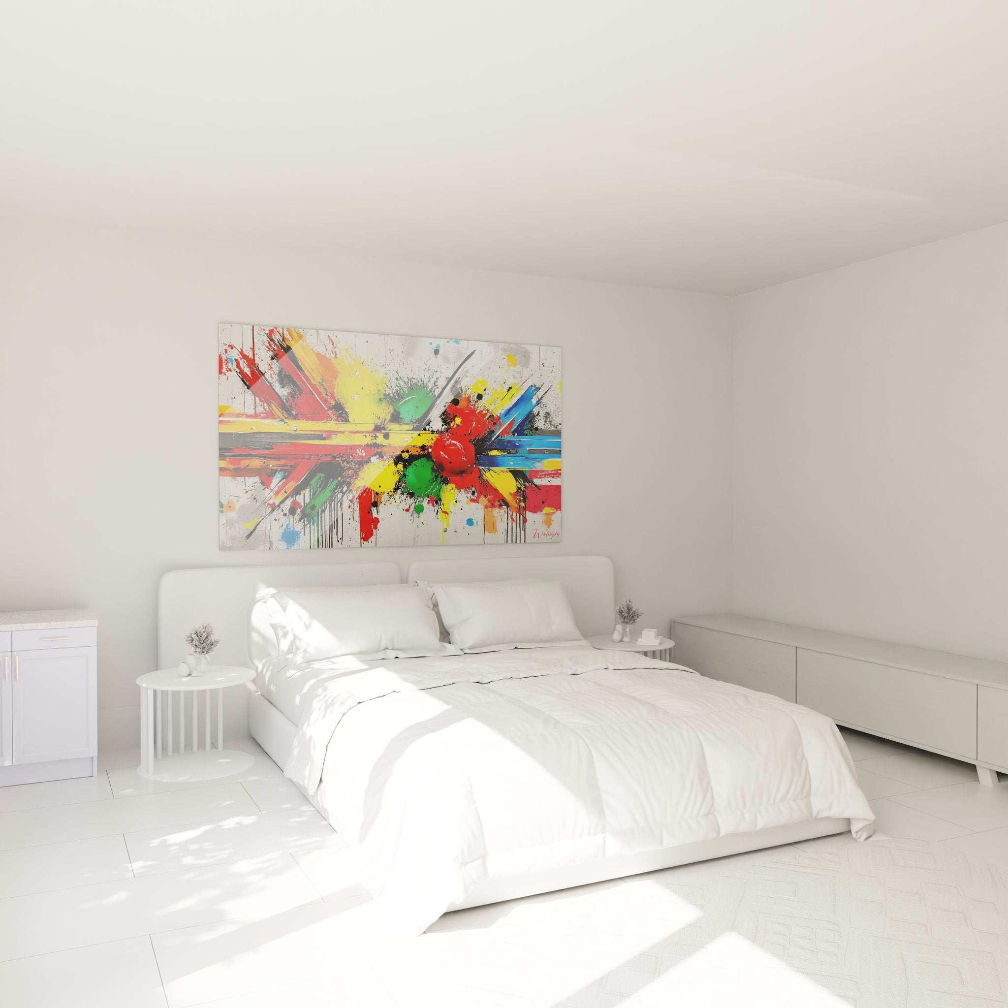 Décoration chambre avec tableau explosion couleurs abstraite style géométrique contemporain