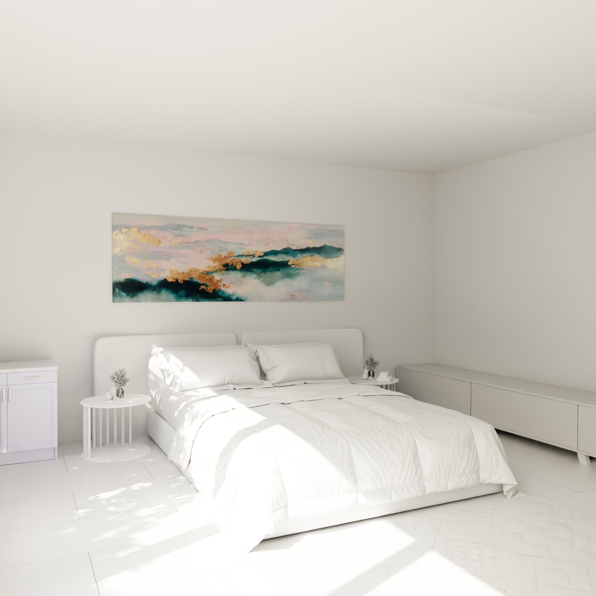 Tableau feng shui sud-est bois chambre parentale décoration murale paysage abstrait rose bleu ambiance zen
