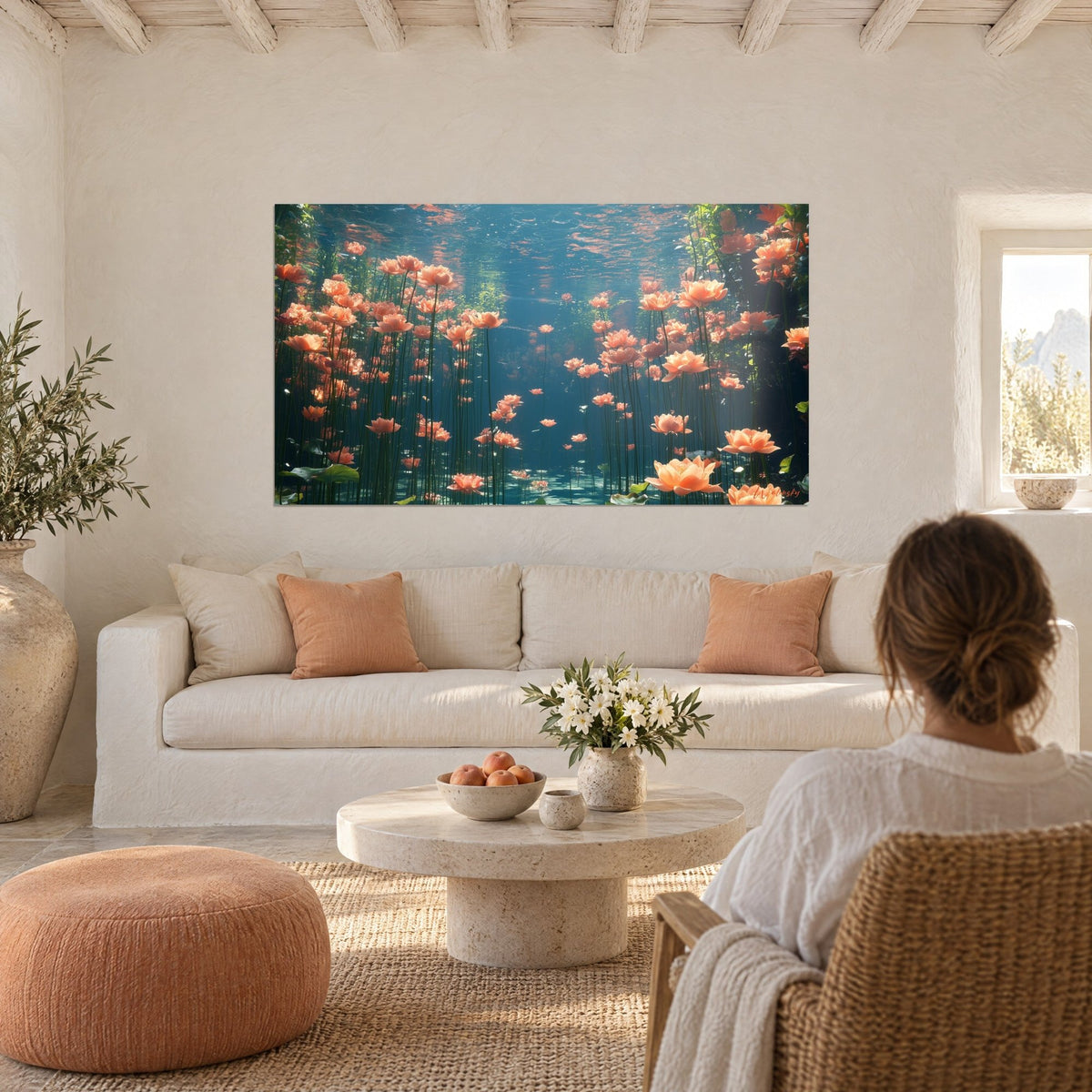Cuadro Jardín de flores coral bajo agua turquesa, tallos oscuros y esbeltos, encima de un sofá en un salón luminoso