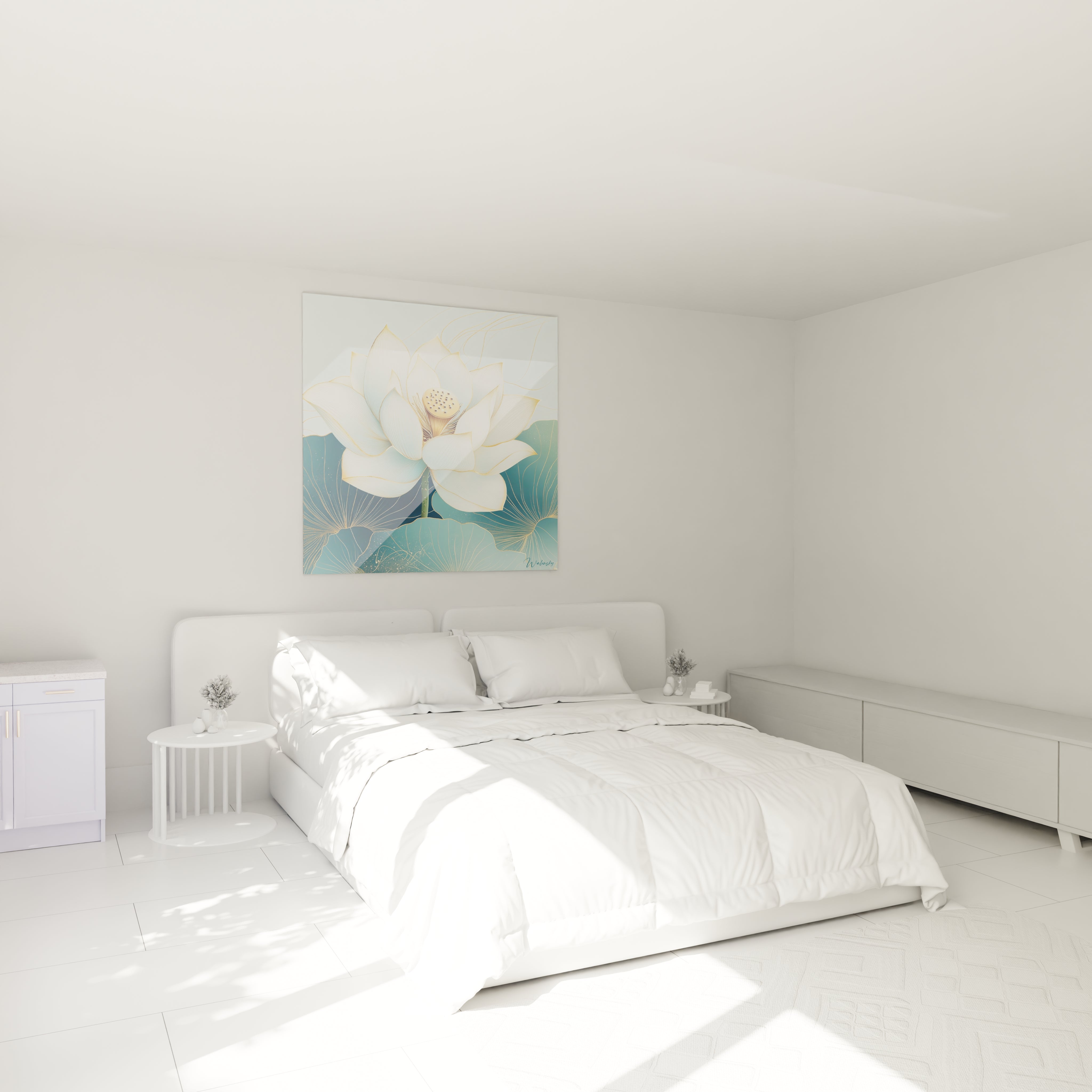 Tableau fleur de lotus Walensky décorant une chambre blanche minimaliste avec lit double