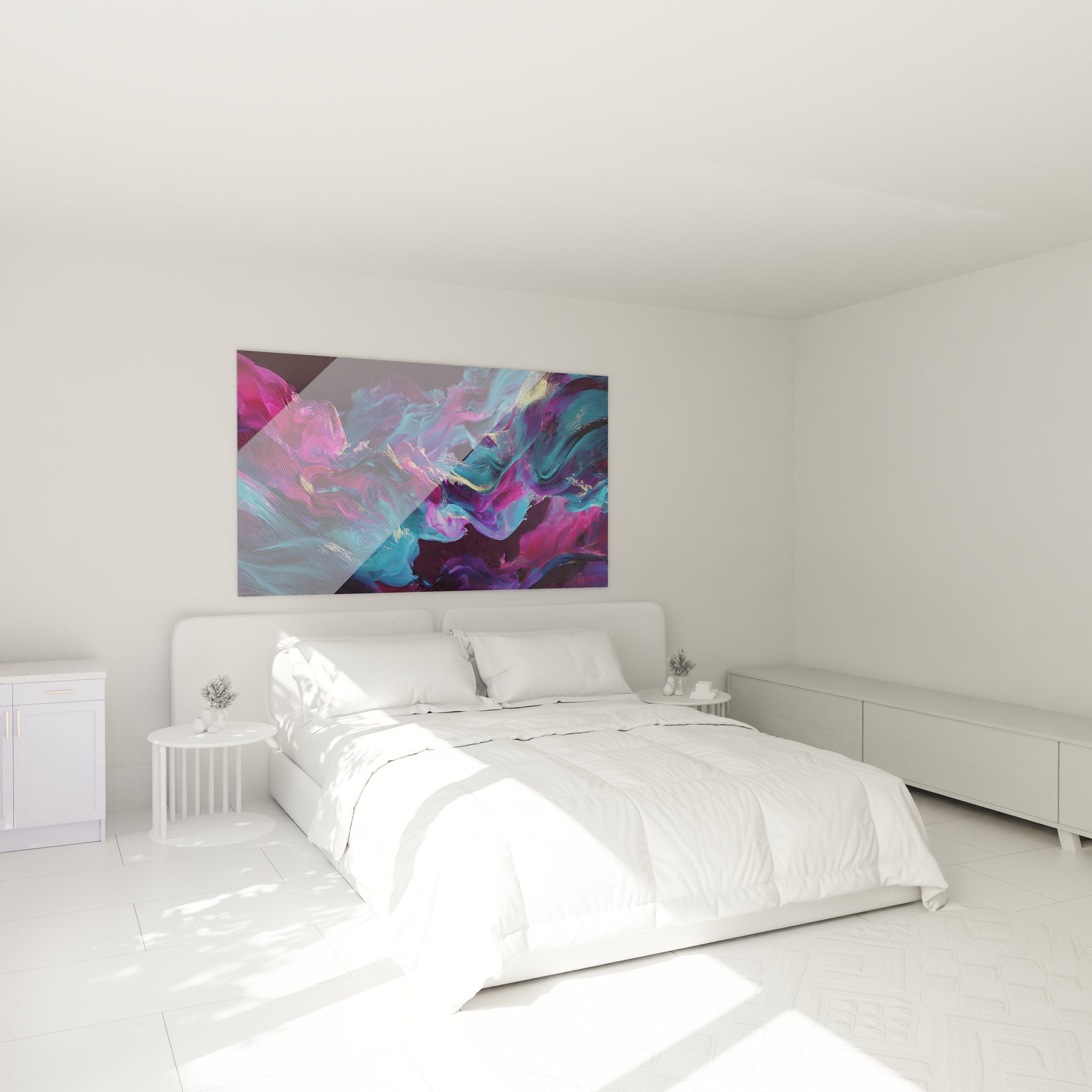 Décoration chambre avec tableau flux énergétiques futurisme abstrait couleurs vibrantes