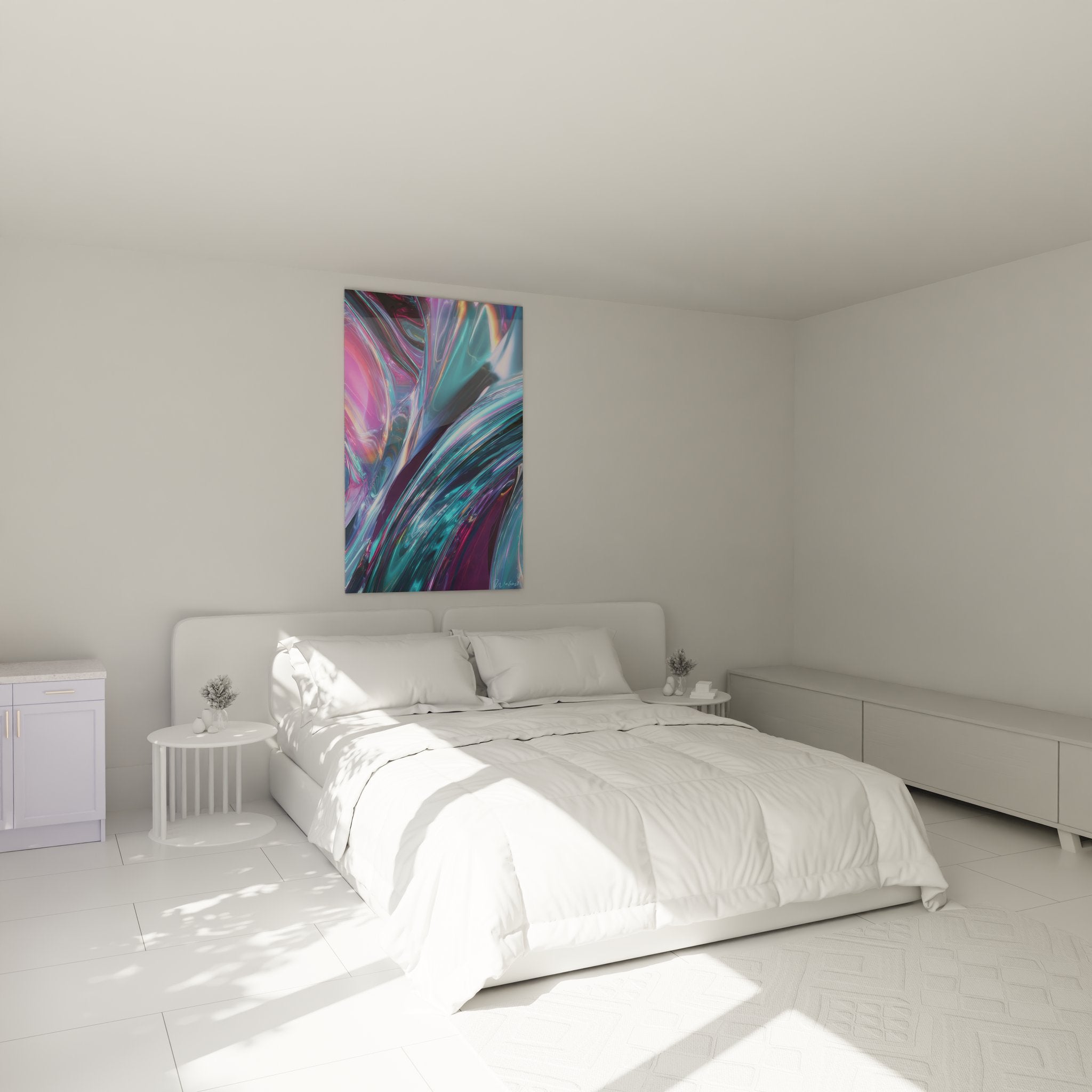 Décoration chambre moderne avec tableau flux métallique holographique design futurisme abstrait