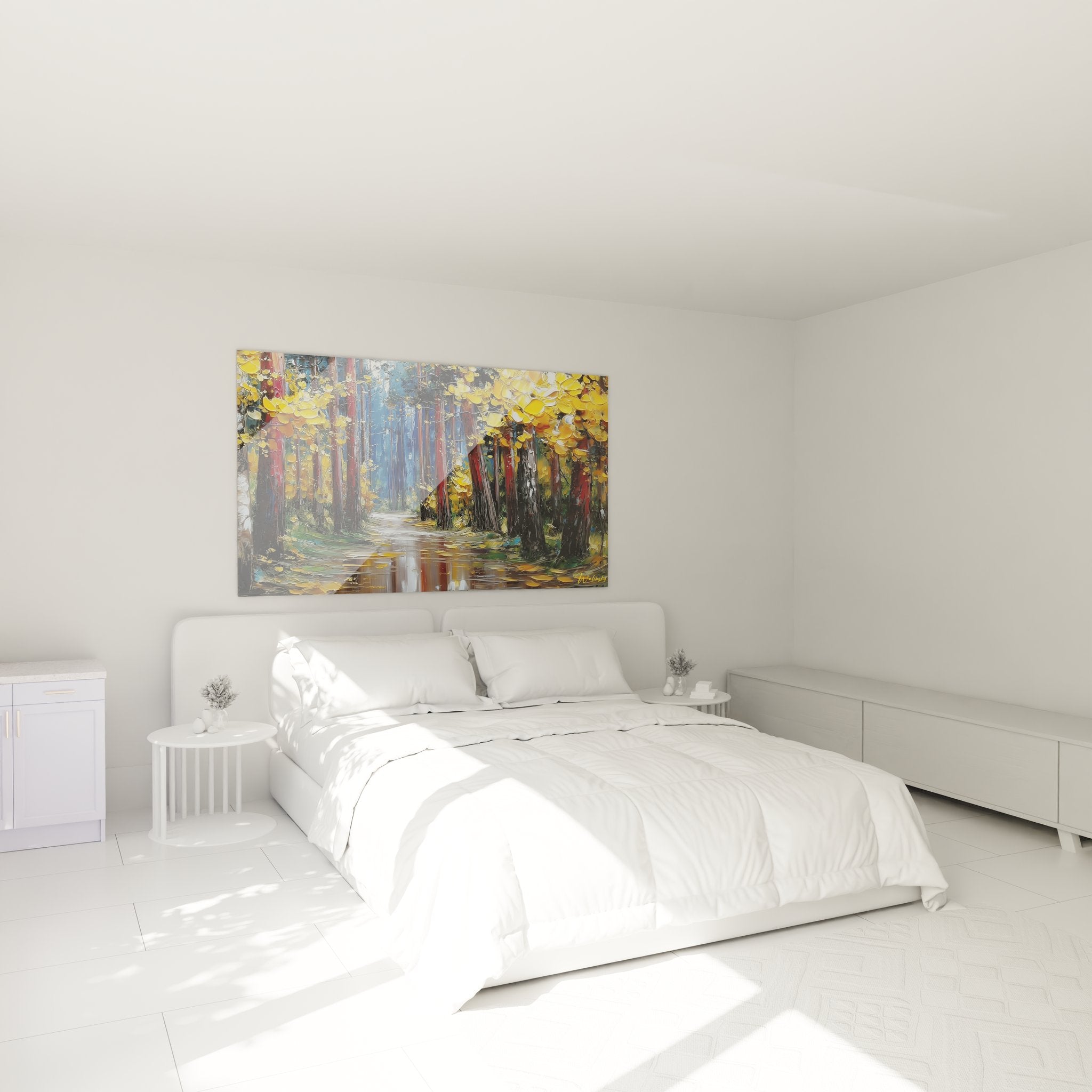 Décoration chambre avec tableau forêt automnale créant ambiance chaleureuse et naturelle