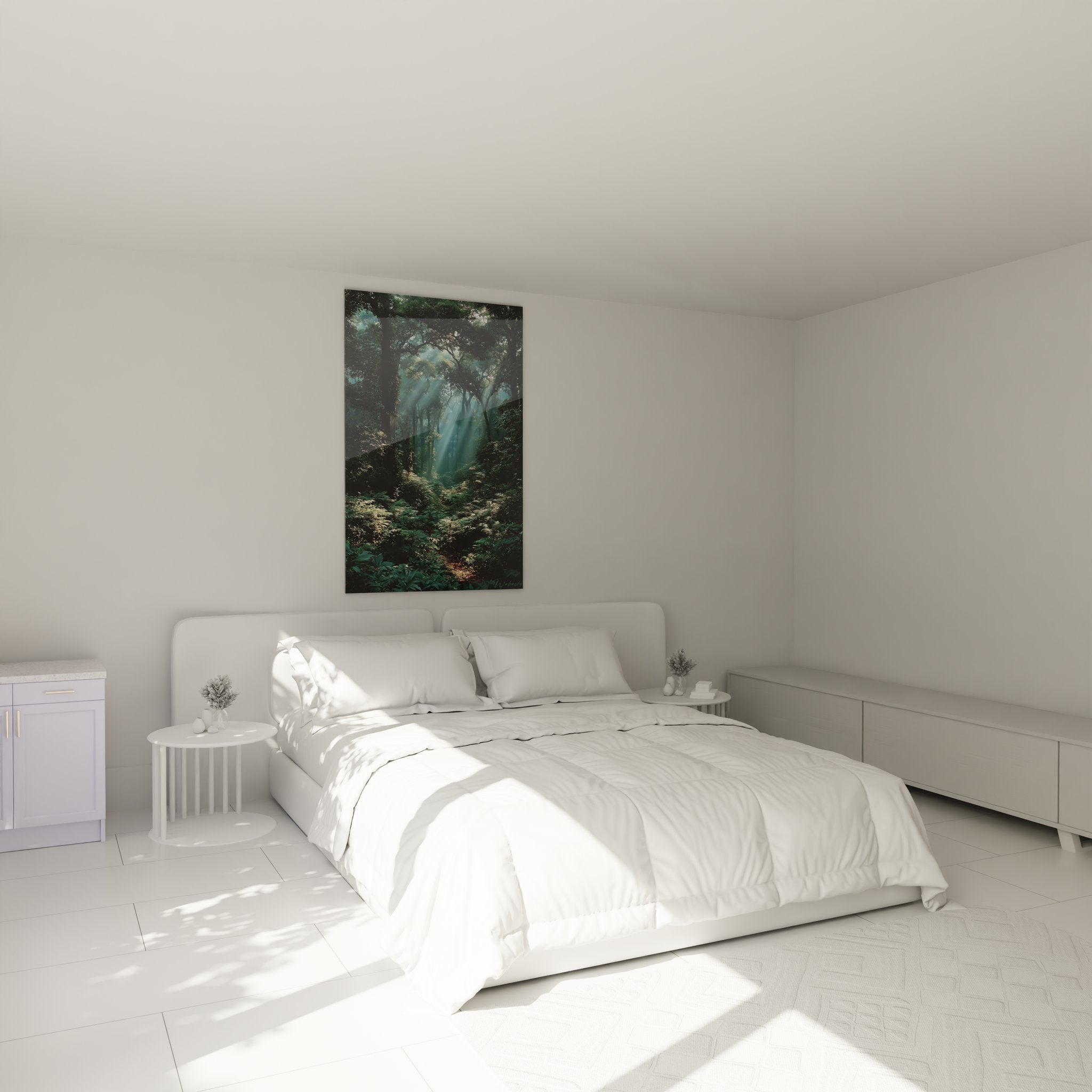 Décoration chambre tableau forêt mystique avec rayons soleil créant ambiance nature apaisante sur mur
