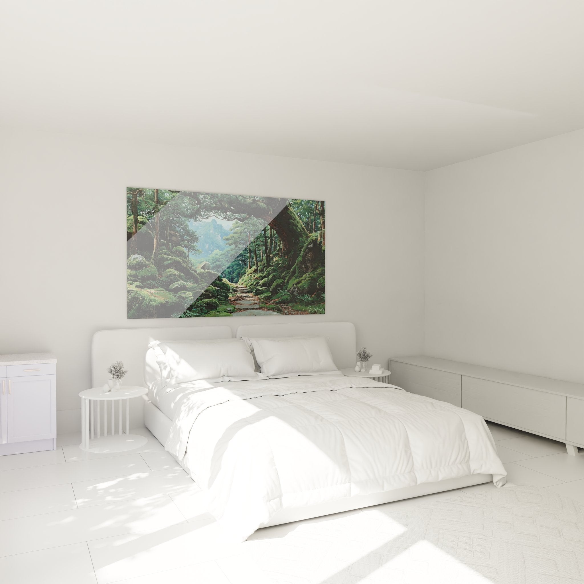 Décoration chambre avec tableau forêt sentier mystique créant ambiance zen et naturelle