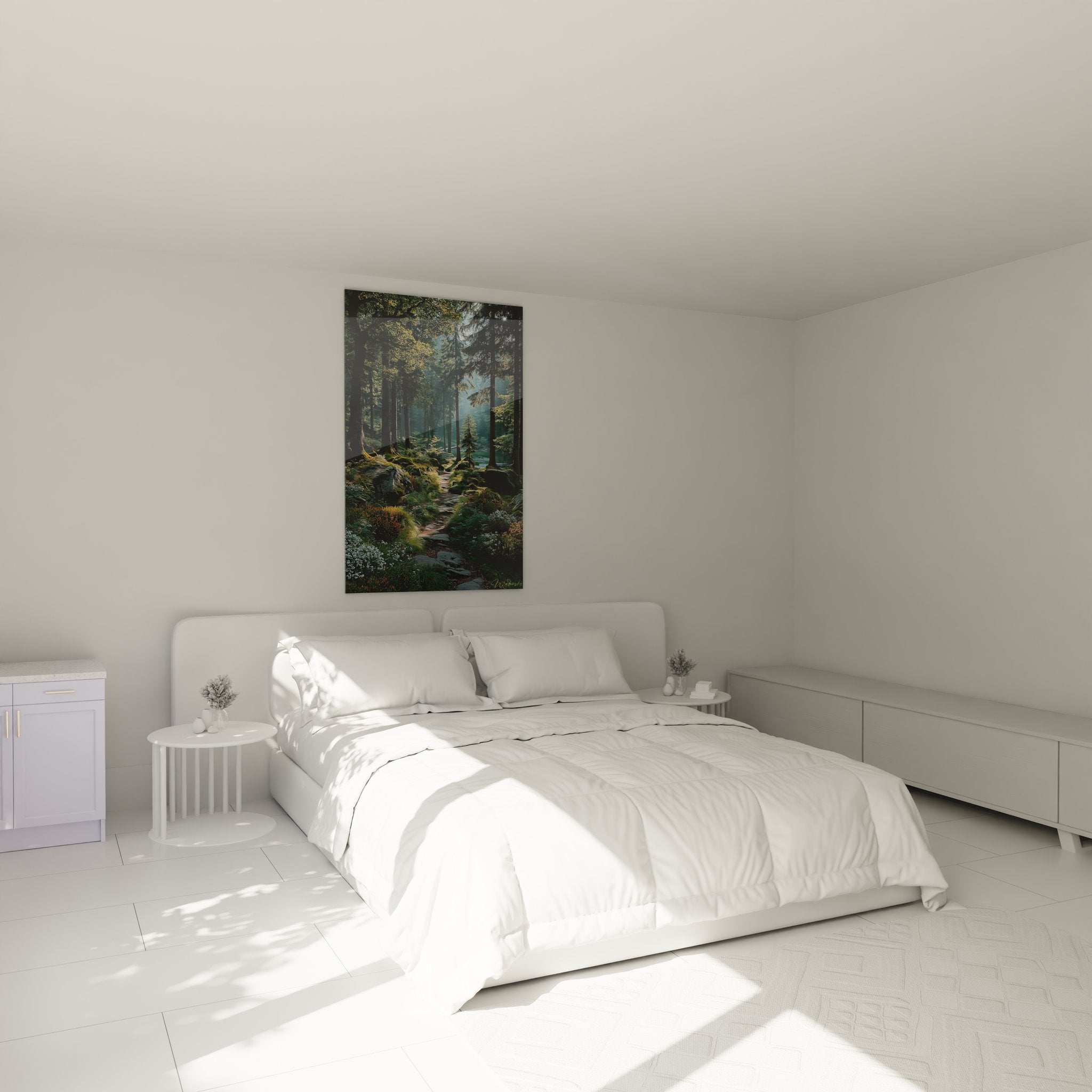 Décoration chambre avec tableau forestier sentier mystique créant ambiance nature apaisante
