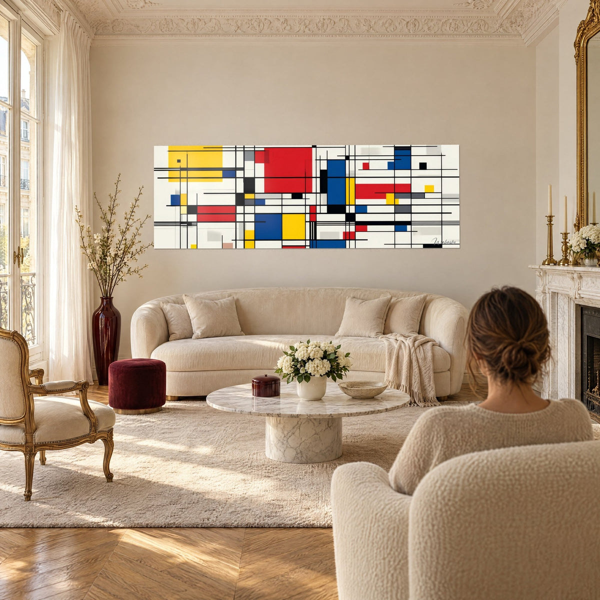 Wall art black grid with red, yellow and blue rectangles, seen from behind by a woman, above a sofa in a bright living room