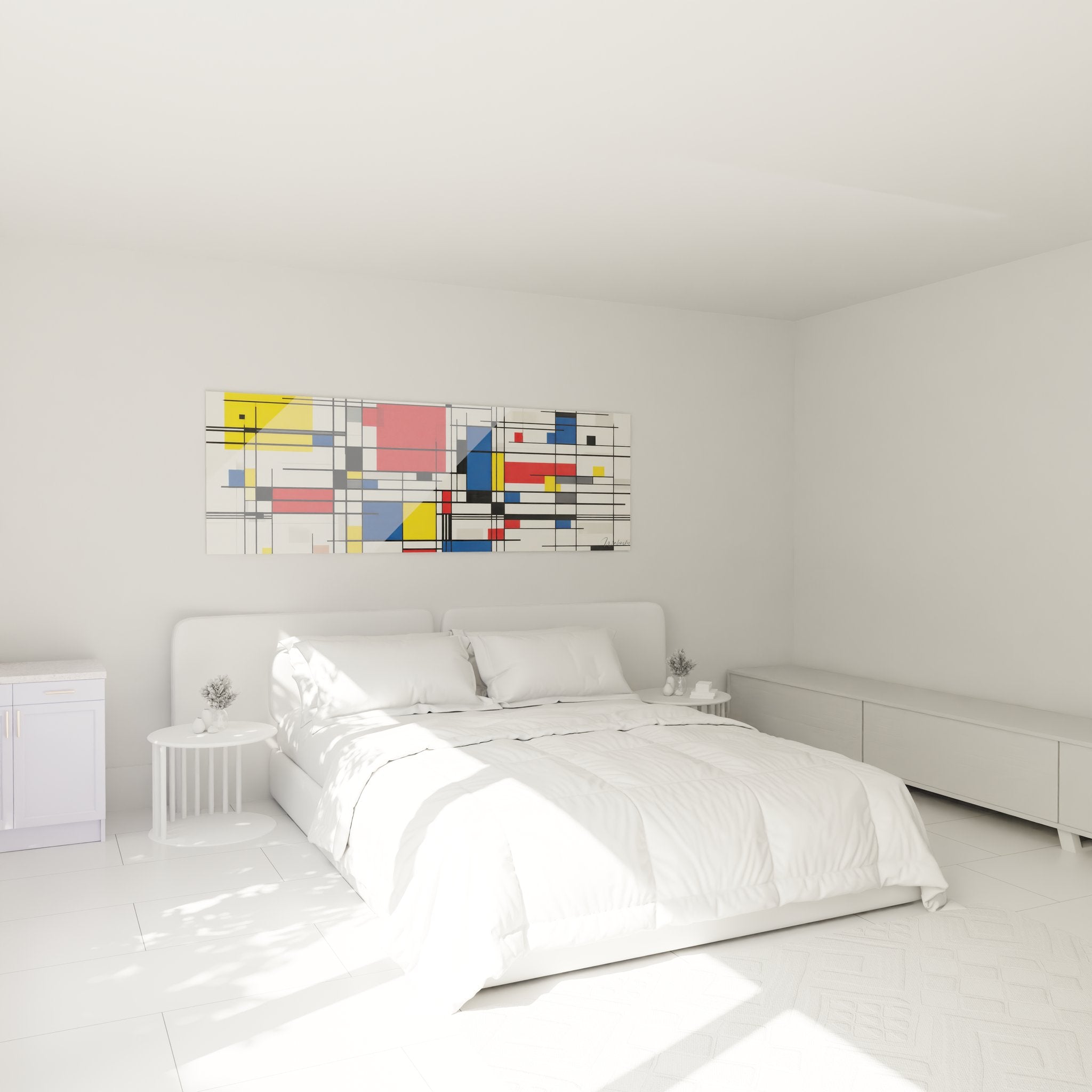 Décoration chambre moderne avec tableau géométrique abstrait aux couleurs primaires style Mondrian