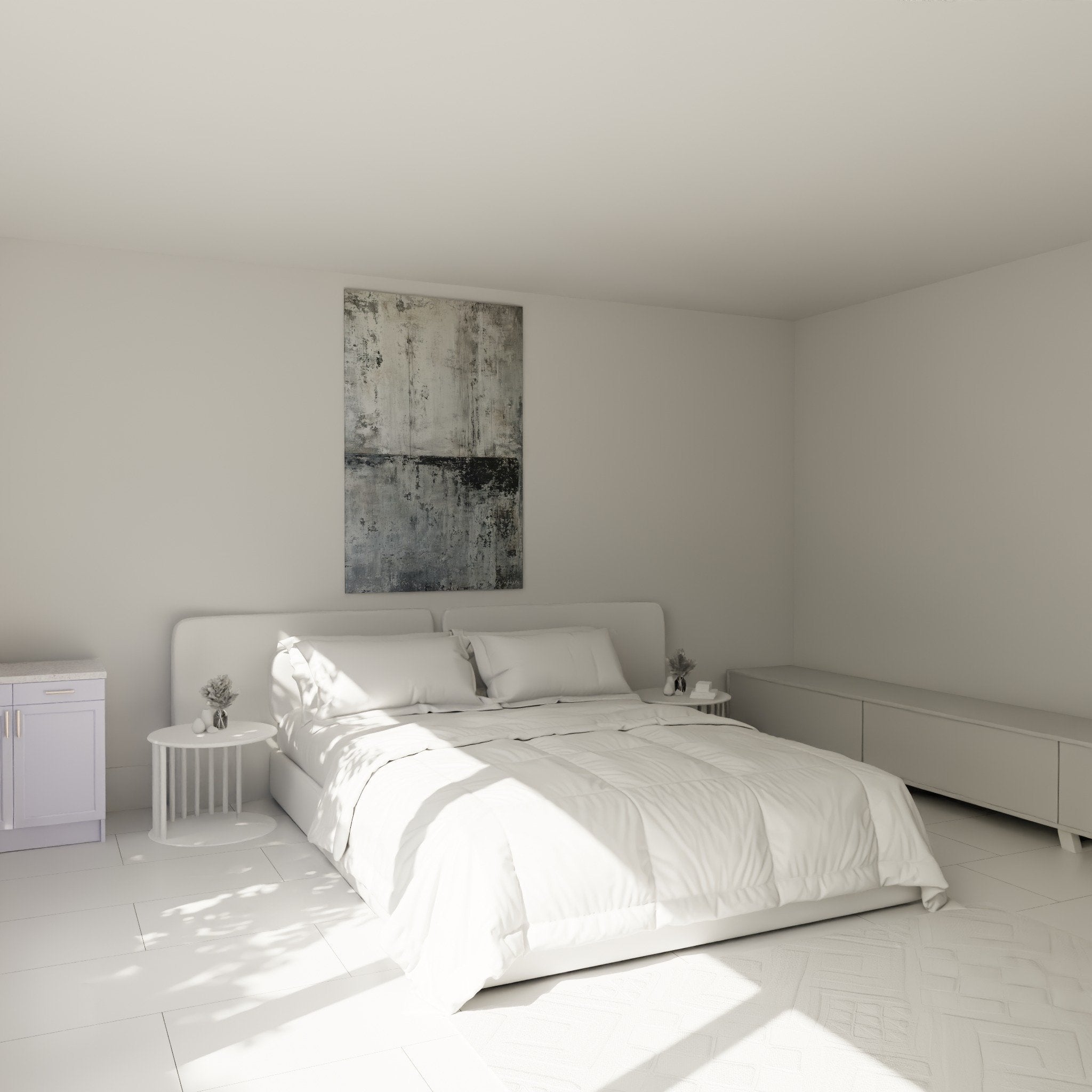Décoration murale abstraite grise et bleue dans chambre zen style feng shui métal