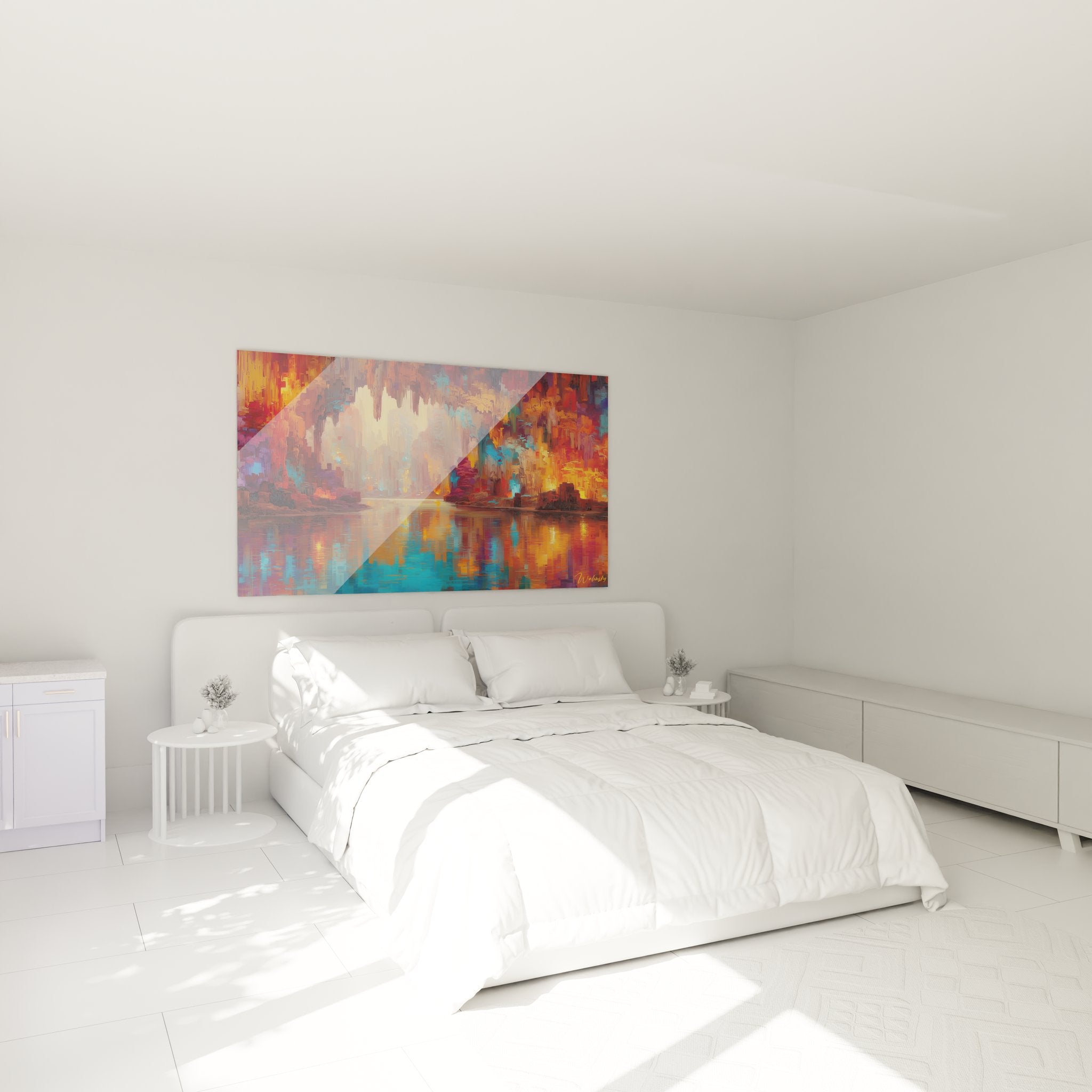 Décoration chambre tableau grotte naturelle colorée ambiance mystique reflets dorés bleus