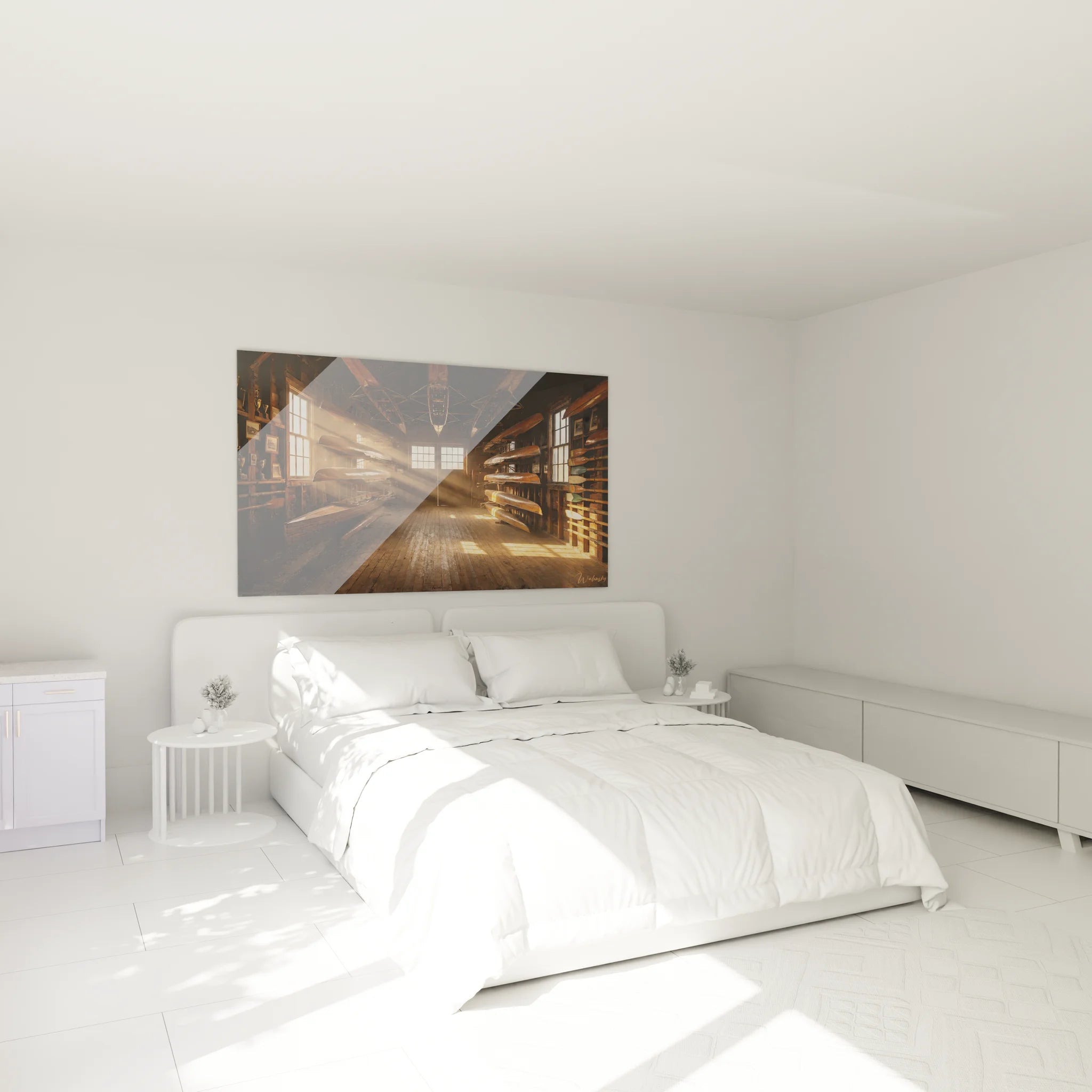 Décoration chambre avec tableau hangar nautique avirons anciens ambiance maritime chaleureuse