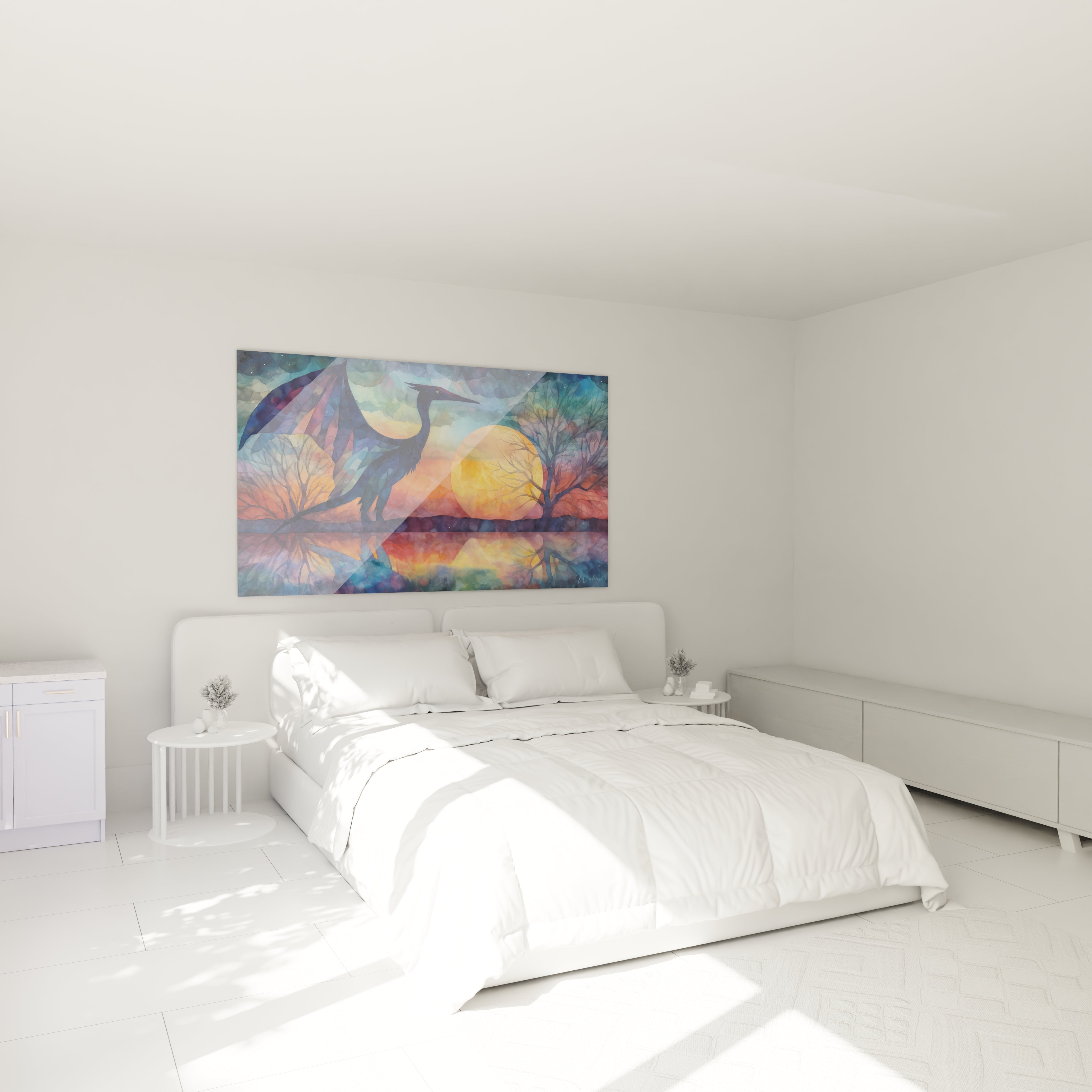 Décoration chambre tableau héron géométrique moderne ambiance chaleureuse