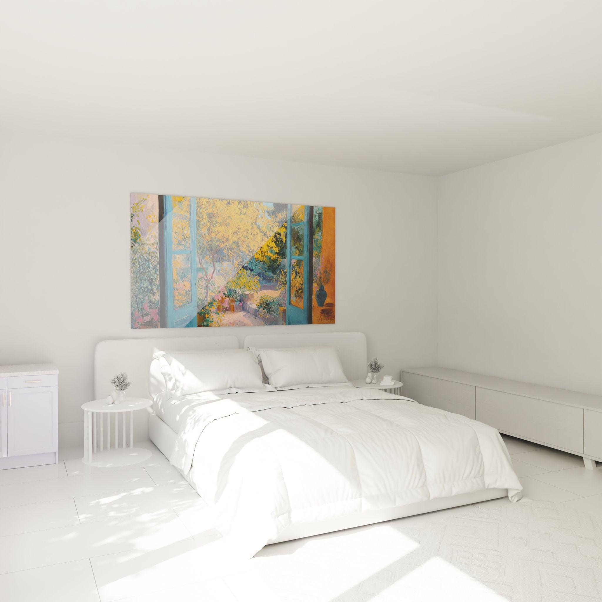 Décoration murale chambre tableau jardin automnal avec vue fenêtre et feuillages dorés ambiance cosy