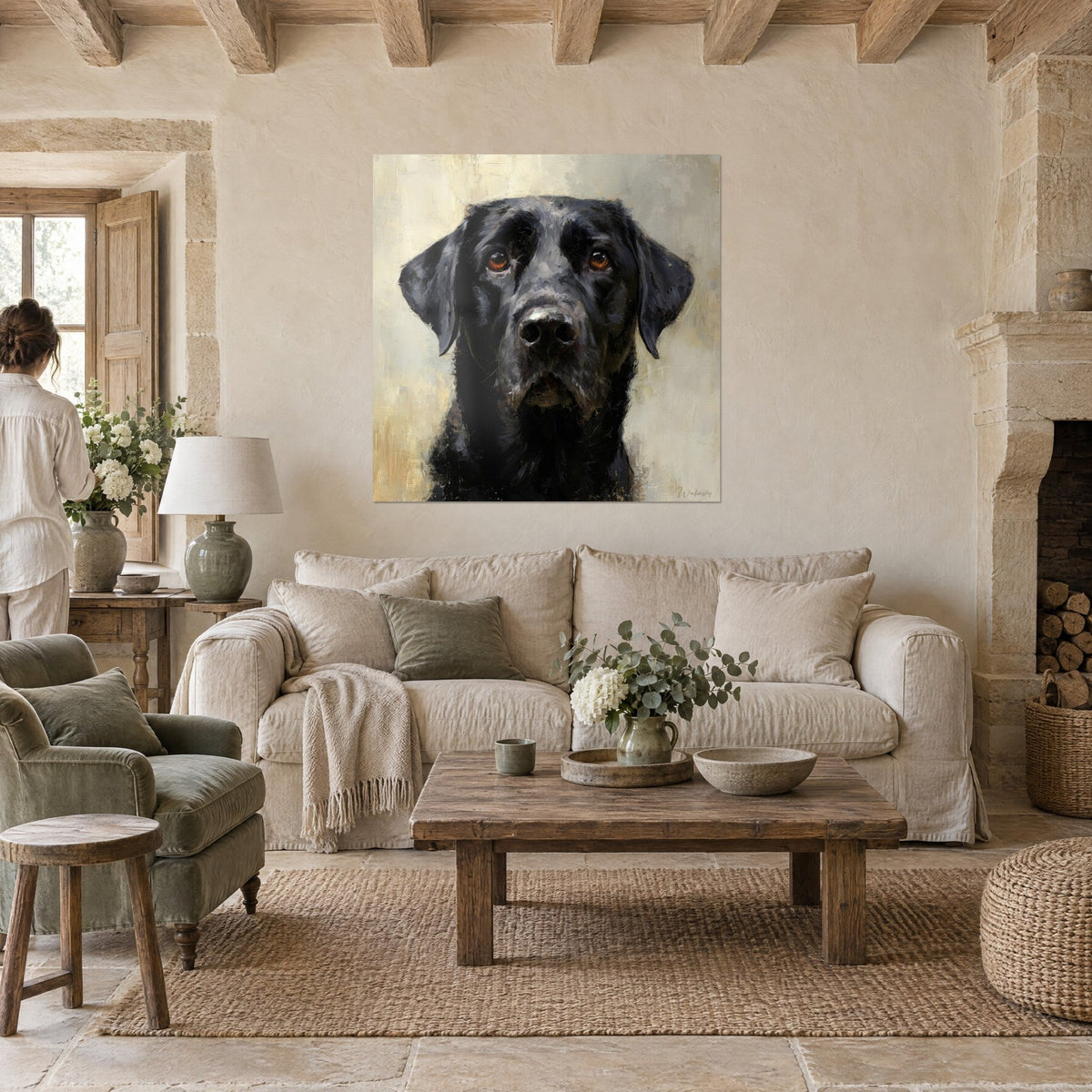 Gemälde schwarzer Labrador mit bernsteinfarbenen Augen, cremefarbener und ockerfarbener Hintergrund, frontaler Blick, über einem Sofa in einem hellen Wohnzimmer
