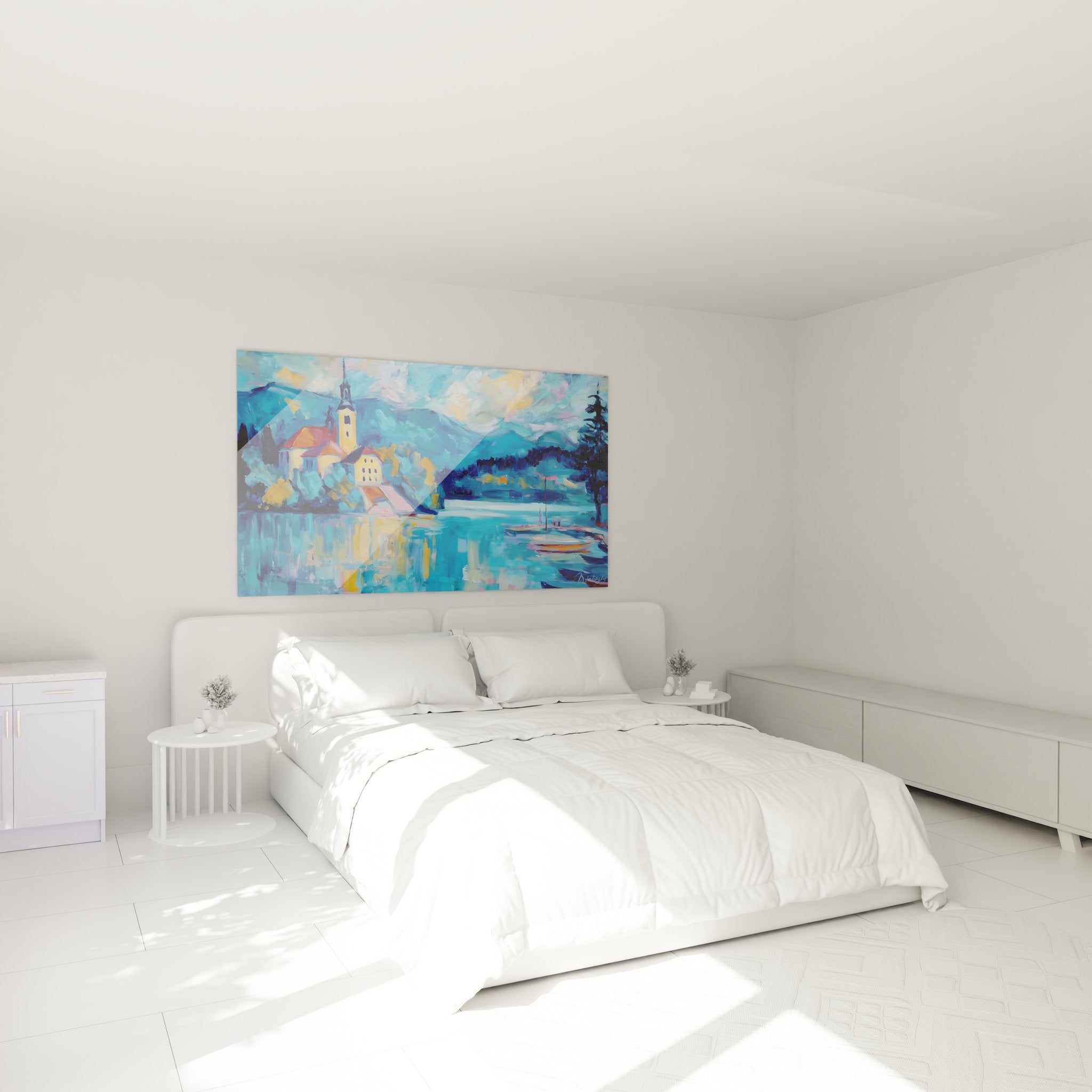 Décoration chambre avec tableau lac montagne église, ambiance apaisante et spirituelle pour intérieur