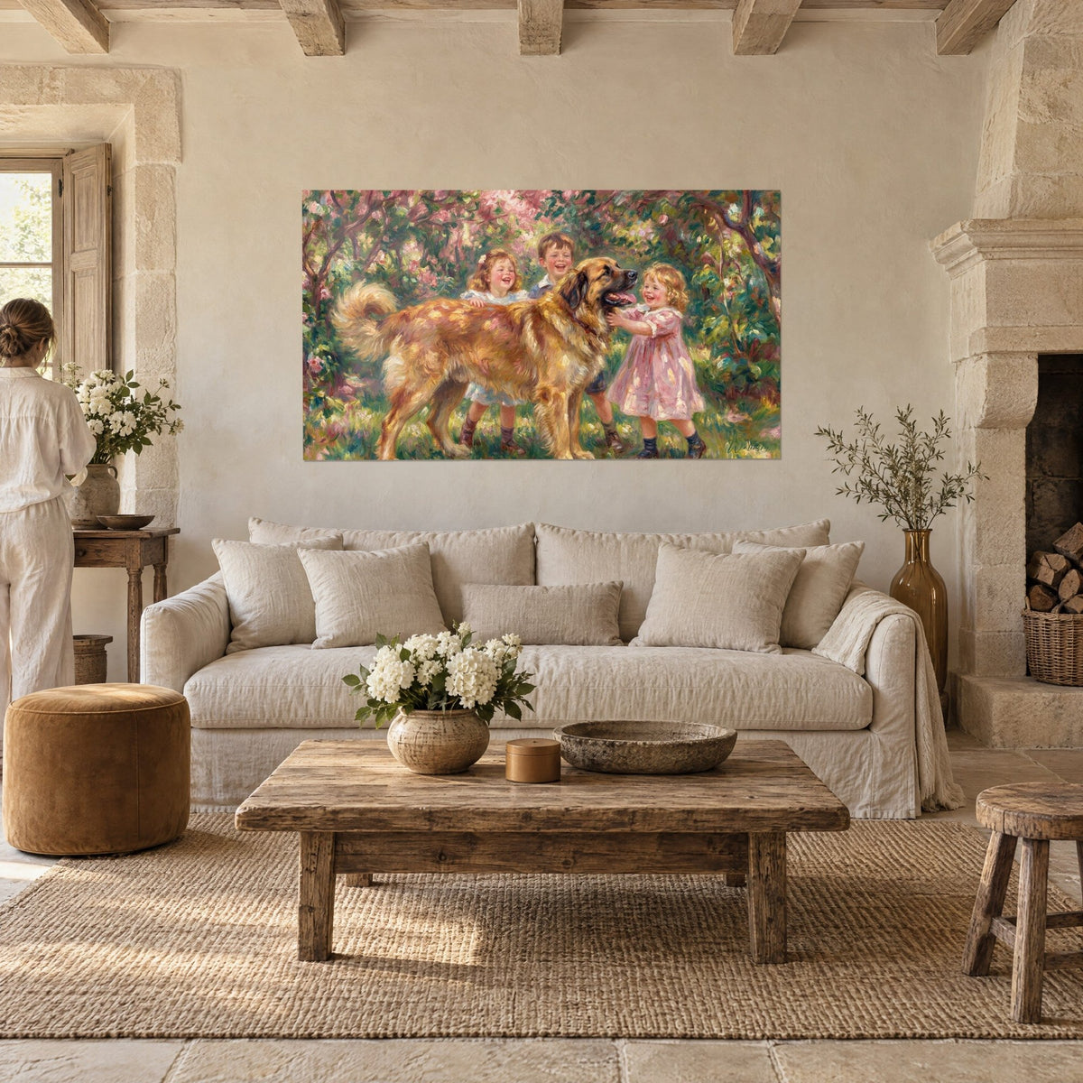 Wall art Leonberger with tawny coat surrounded by three laughing children, soft pink and green, above a sofa in a bright living room