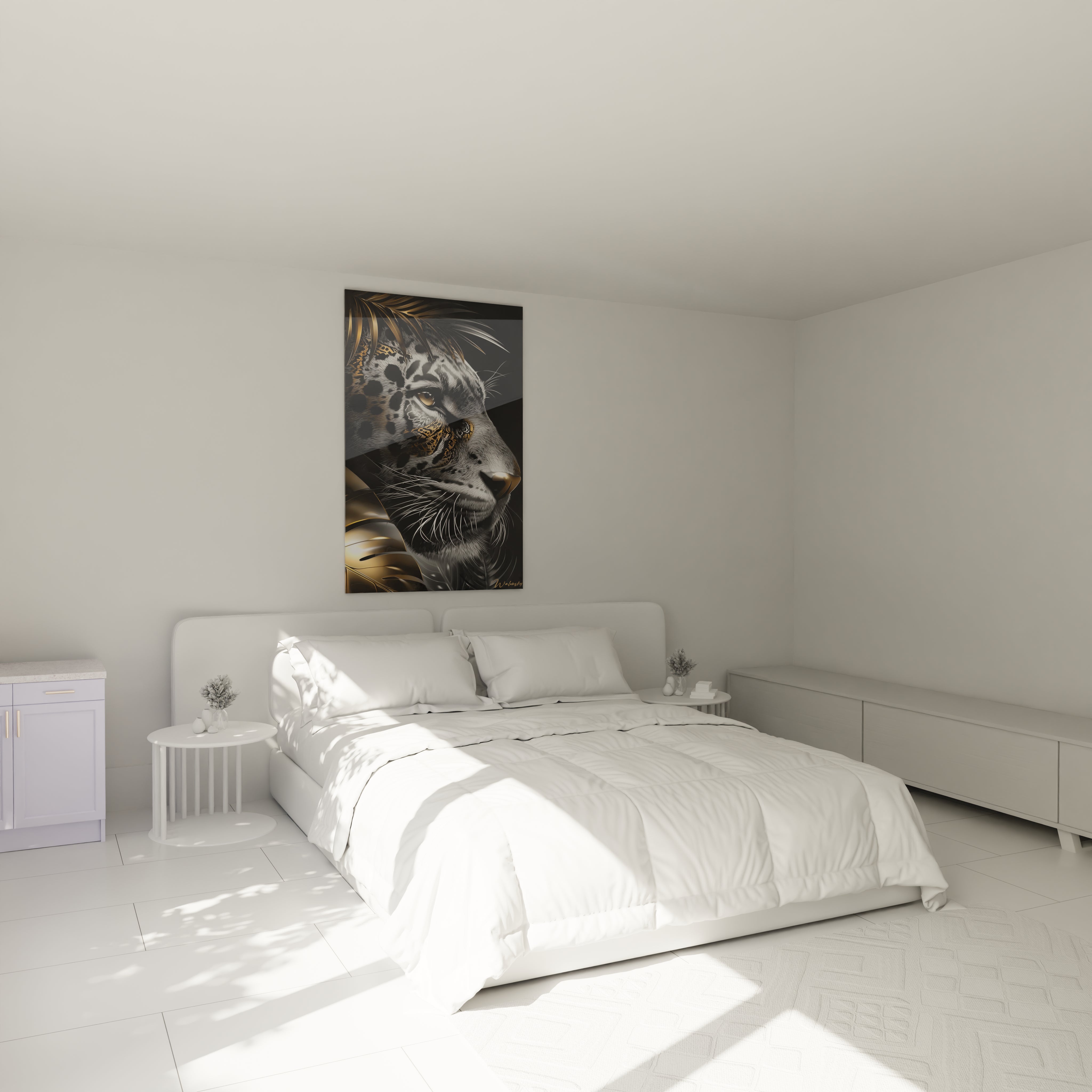 Décoration chambre avec tableau léopard or noir créant une ambiance élégante et sauvage