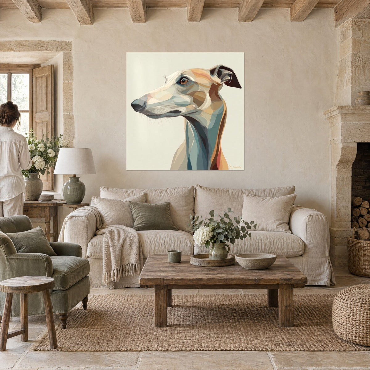 Πίνακας whippet σε προφίλ με κρεμ, γκρι-μπλε και ώχρα facets, πέτρινος τοίχος, πάνω από καναπέ σε φωτεινό σαλόνι