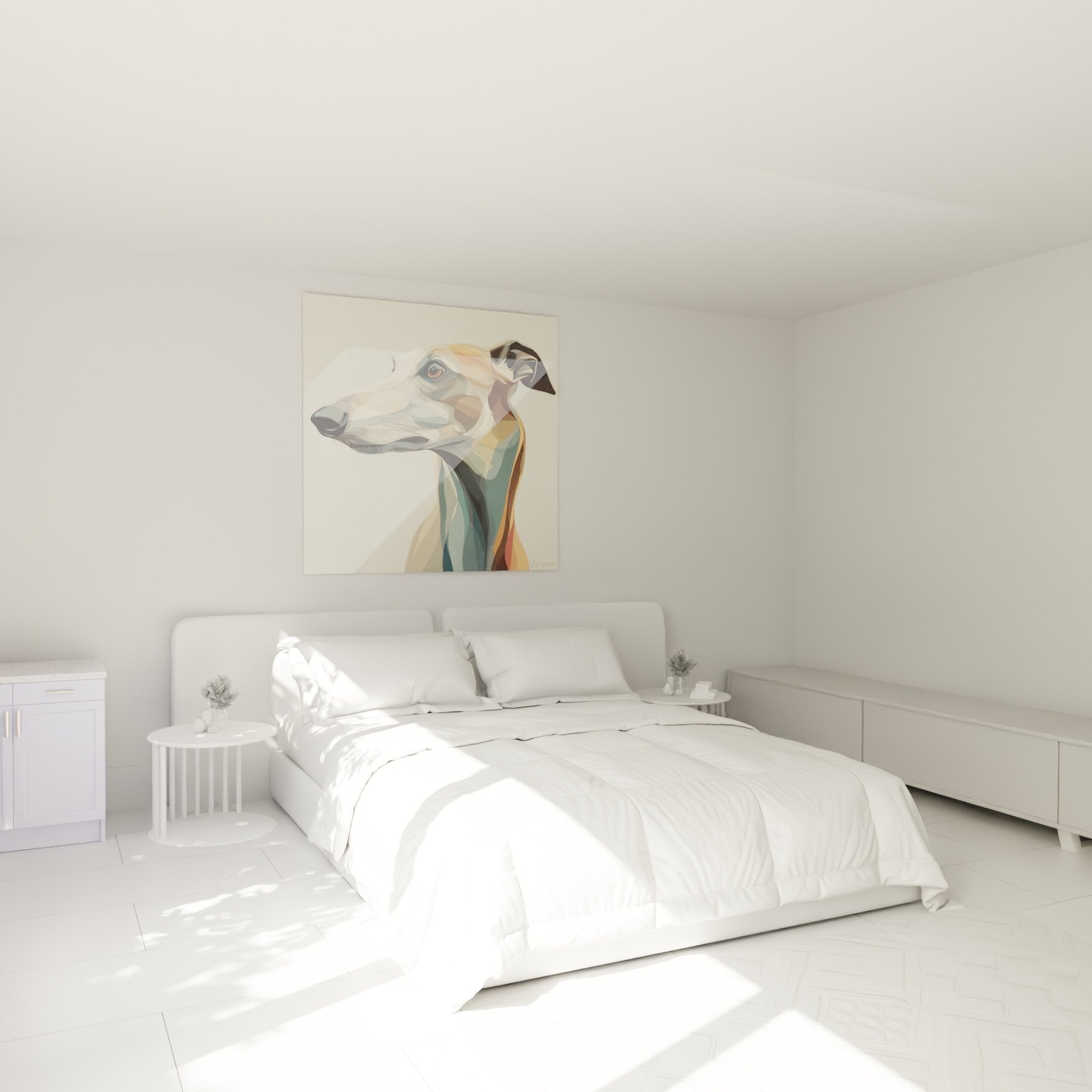Tableau lévrier whippet portrait polygonal décorant élégamment une chambre moderne aux tons neutres