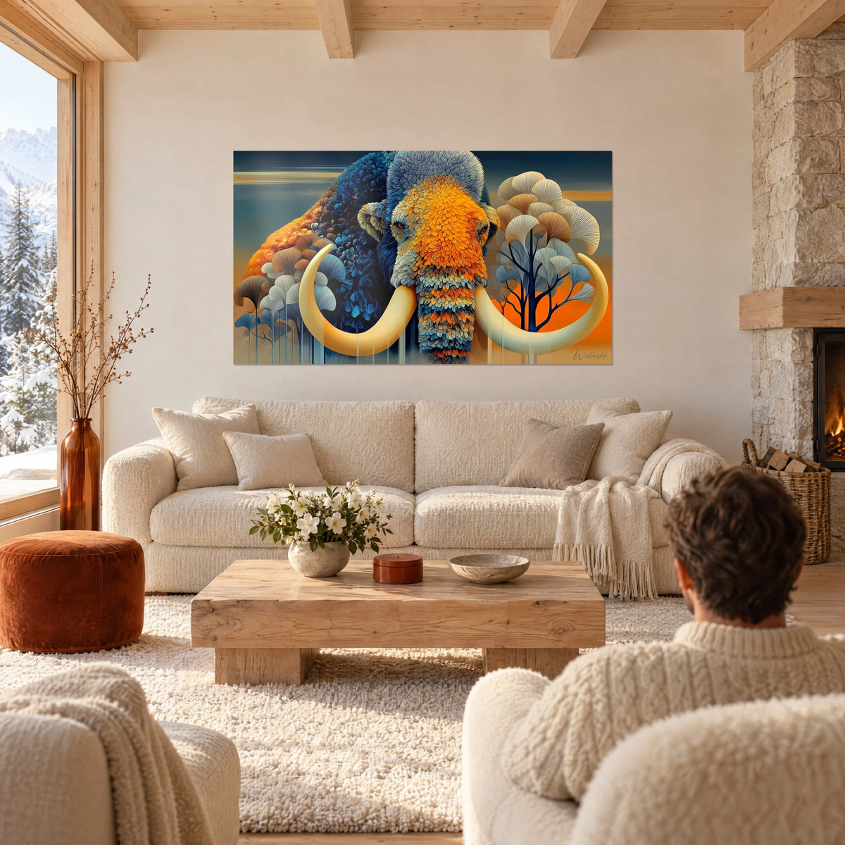 Wall art stylized woolly mammoth with orange and blue feathers, ivory tusks and golden ginkgo trees, above a sofa in a bright living room