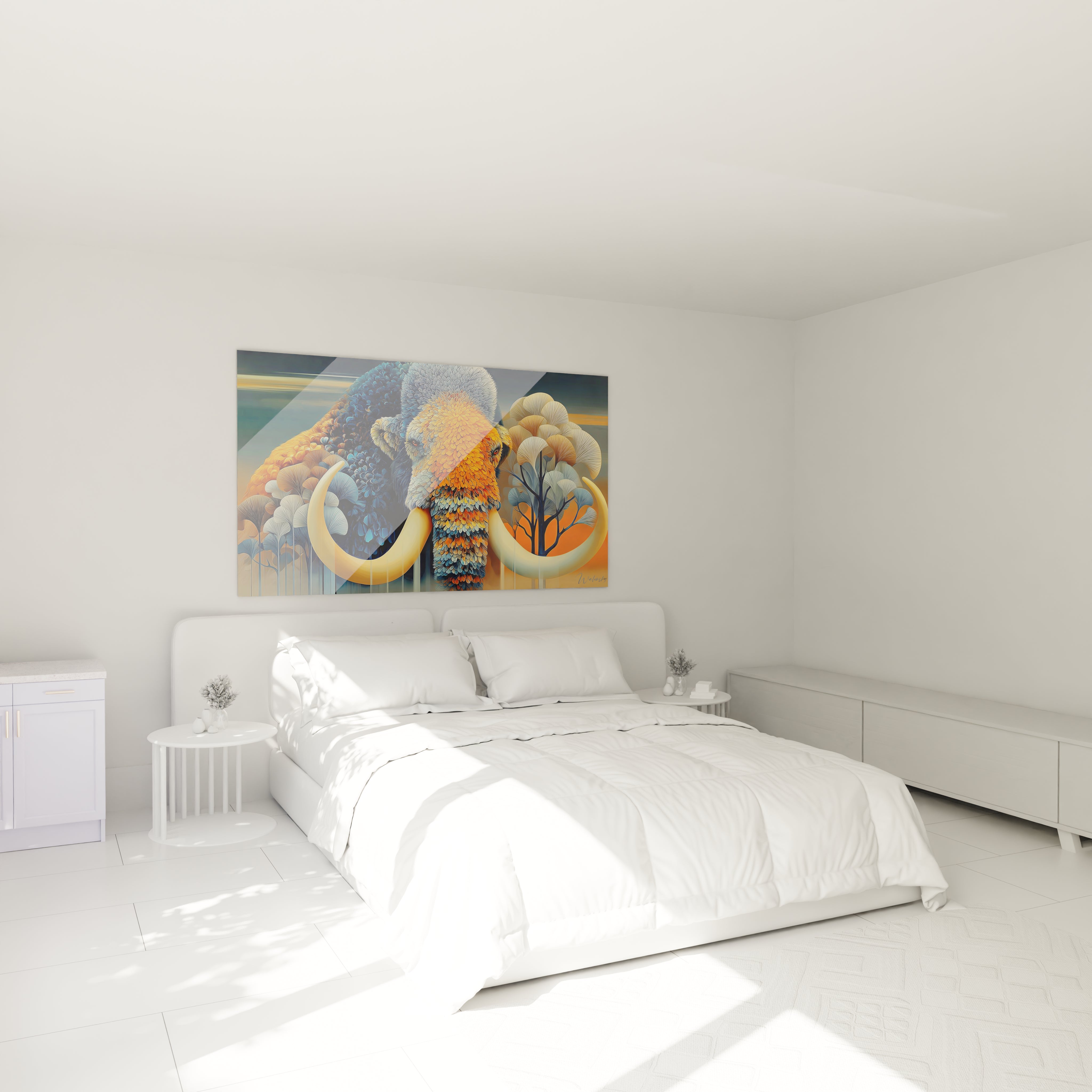 Décoration chambre avec tableau mammouth laineux coloré dans ambiance moderne et chaleureuse