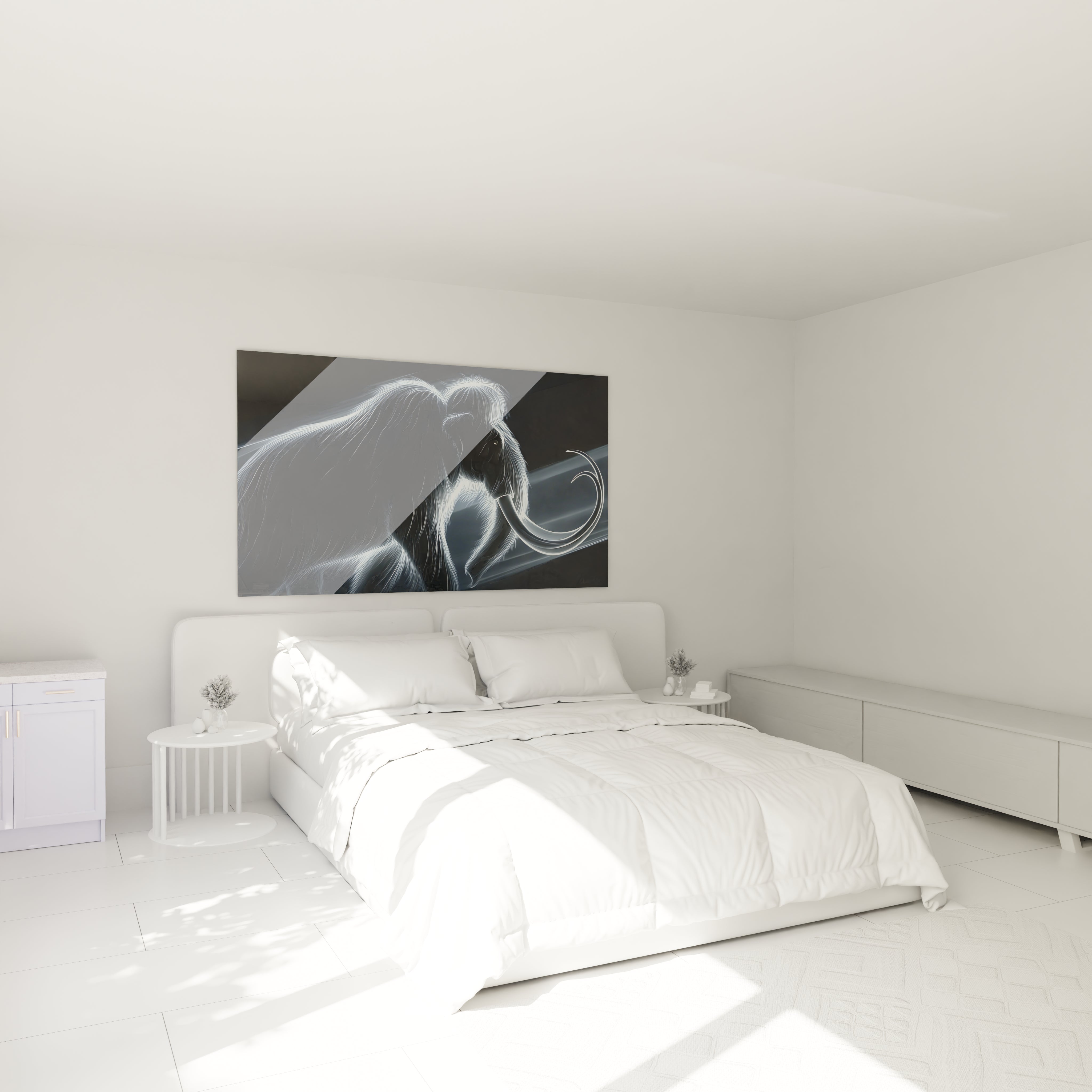 Décoration chambre avec tableau mammouth laineux lumineux créant ambiance moderne sophistiquée