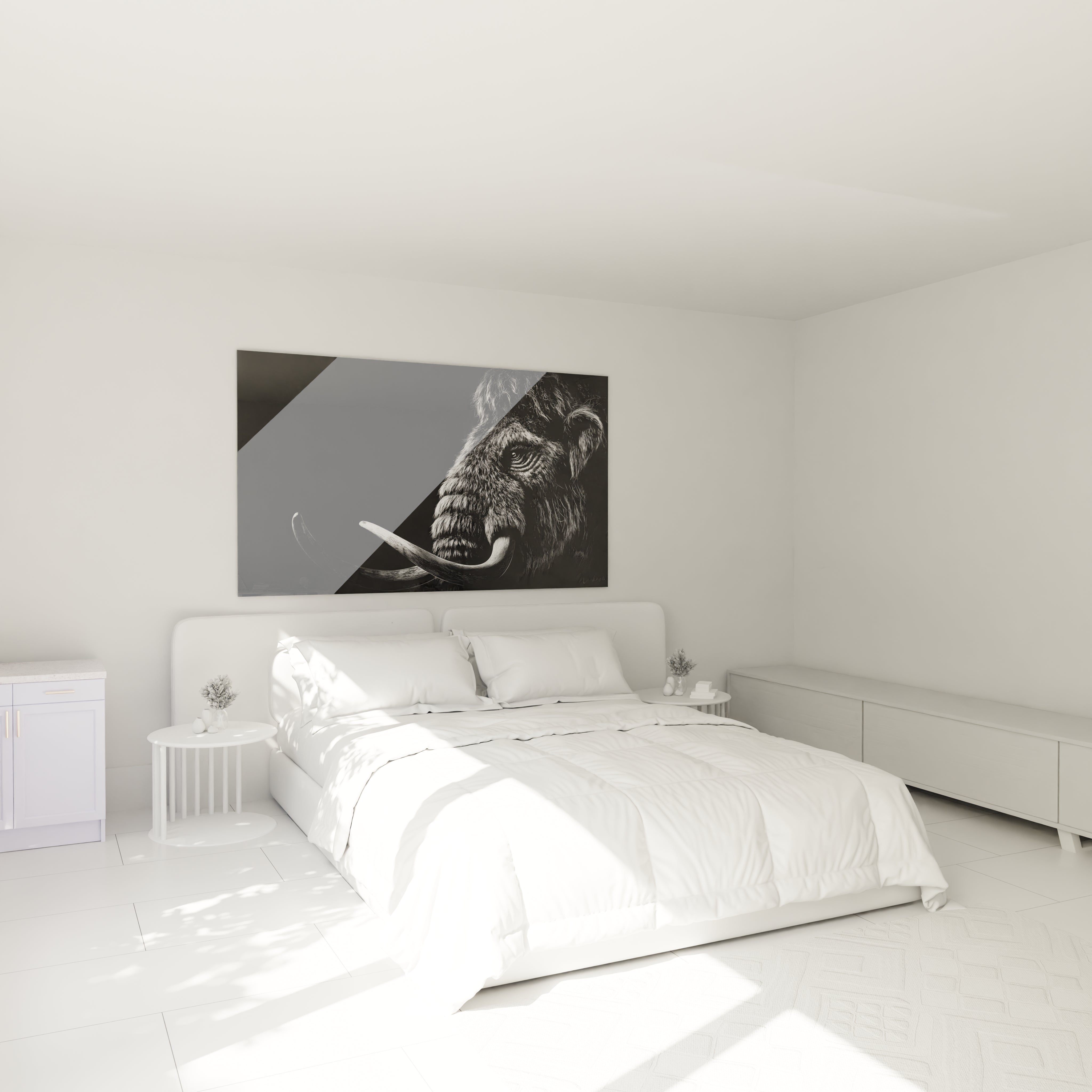 Tableau mural mammouth laineux en décoration chambre, ambiance noir et blanc sophistiquée et moderne