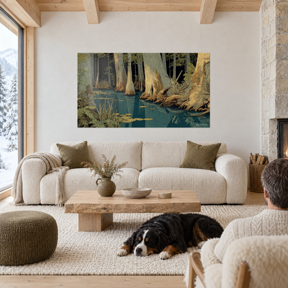 Wall art of bald cypress trees with ochre and cream trunks rising from petrol-blue water, above a sofa in a bright living room
