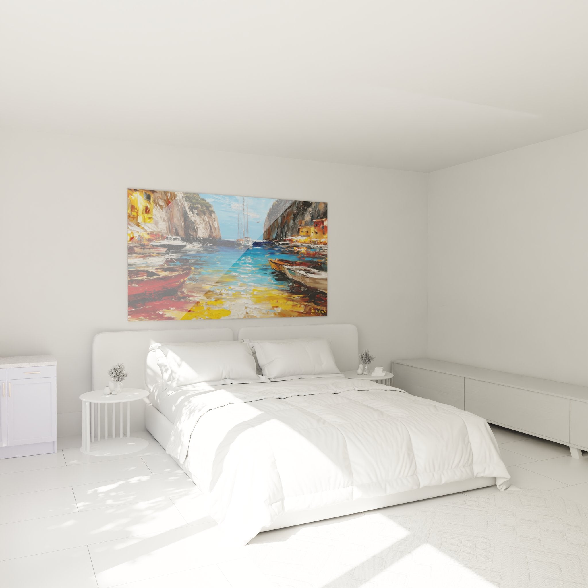 Décoration chambre tableau port méditerranéen bateaux colorés ambiance maritime côtière