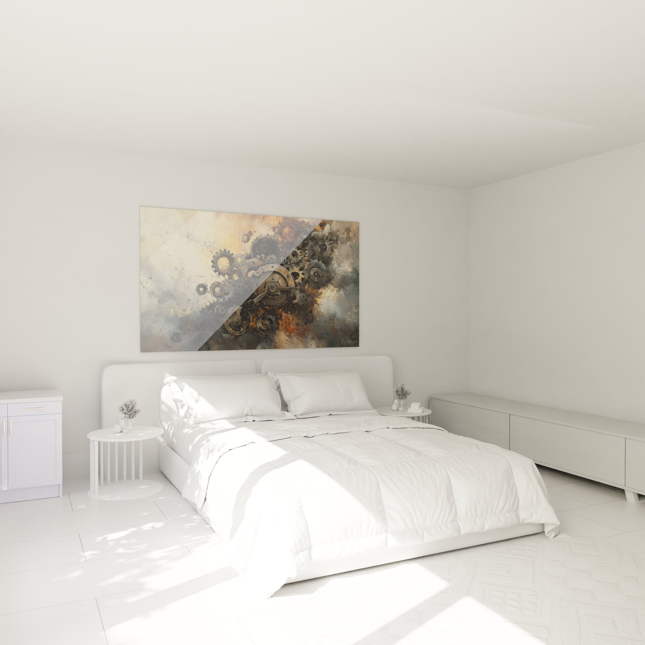 Décoration chambre avec tableau mécanismes industriels vintage aux tons rouille et métal