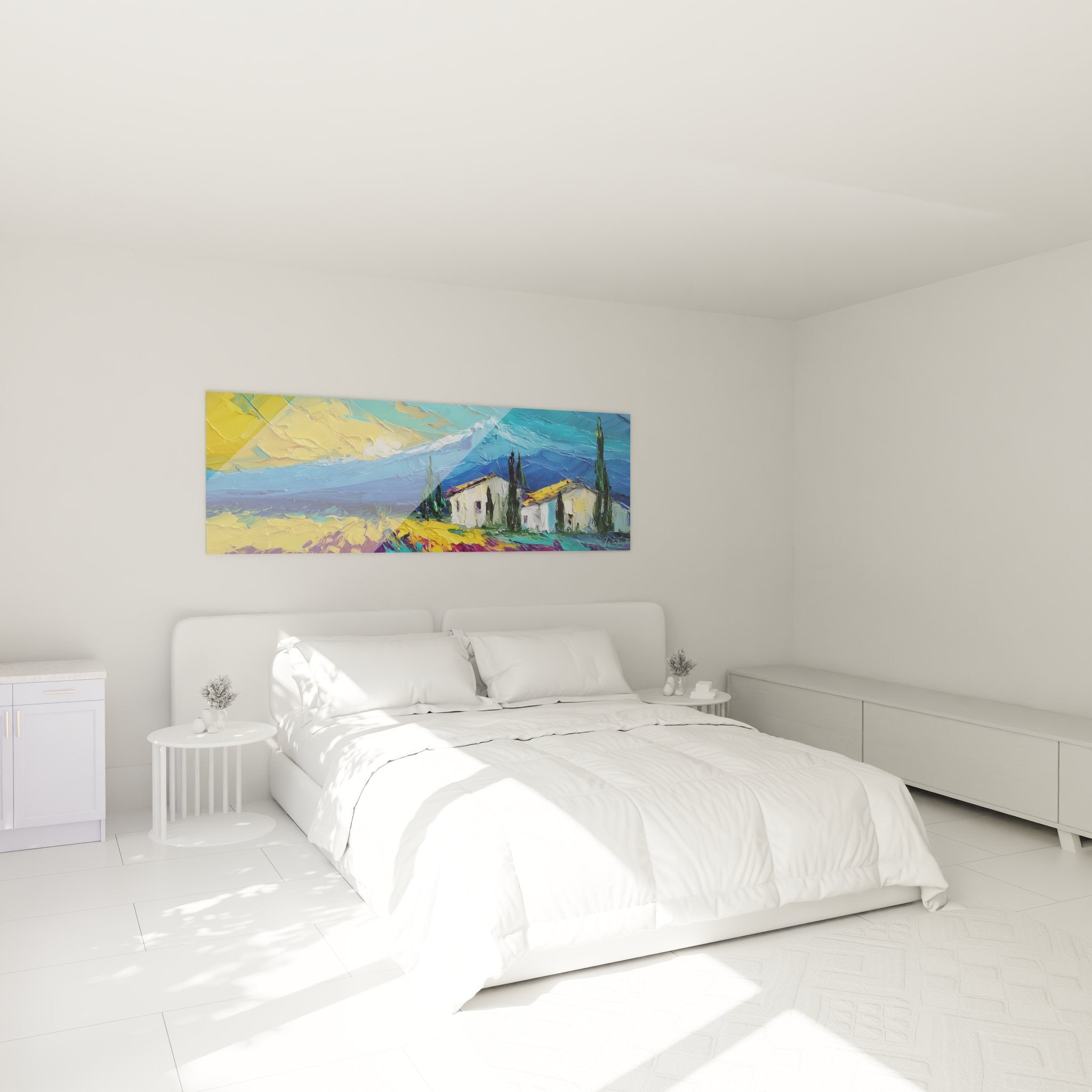 Décoration murale chambre tableau paysage méditerranéen volcanique maisons blanches ambiance provençale