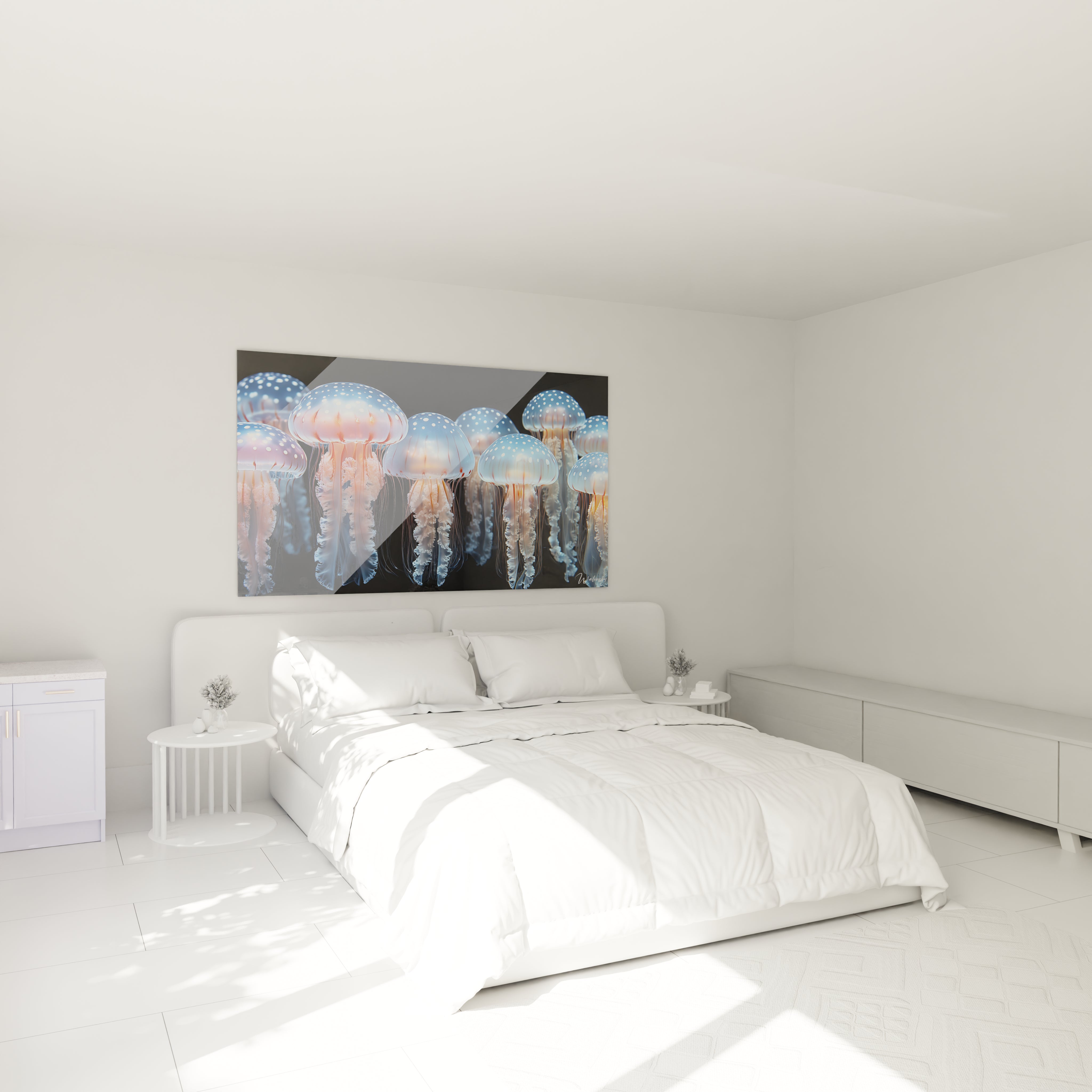 Tableau méduse colorée au-dessus d'un lit blanc dans une chambre moderne et épurée