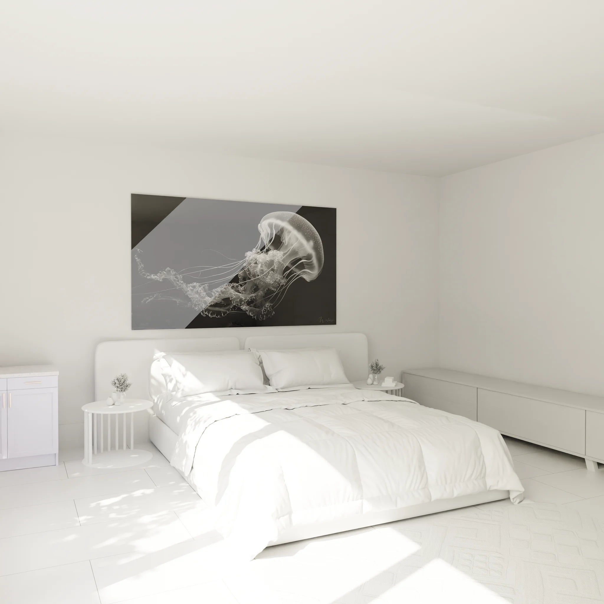 Décoration chambre avec tableau méduse noir et blanc au dessus du lit moderne