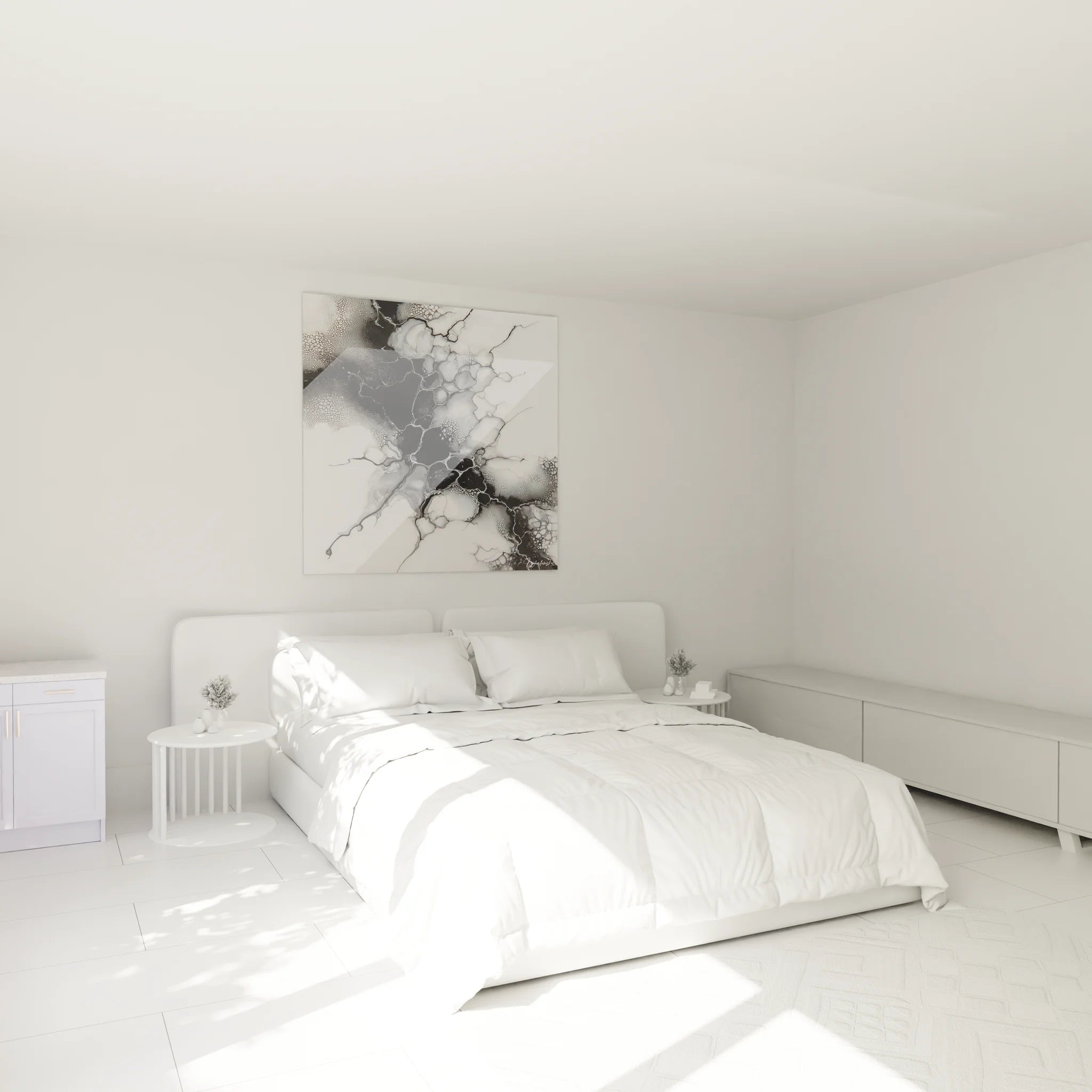 Tableau monochrome abstrait installé en décoration de chambre créant une ambiance apaisante et contemporaine