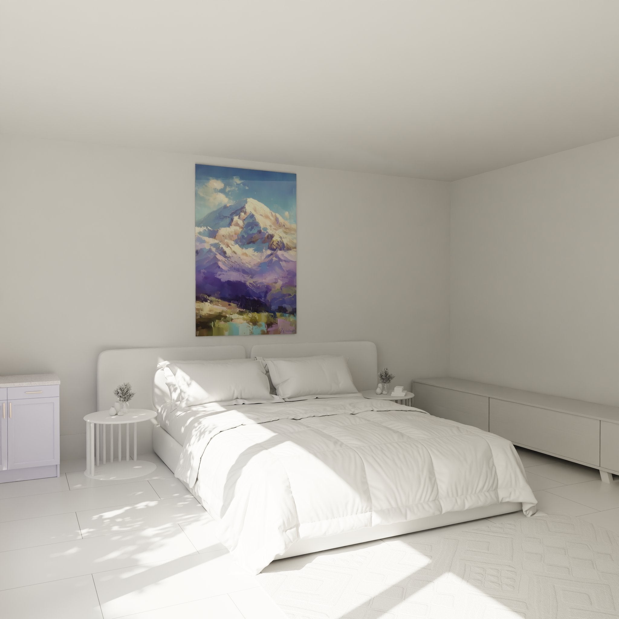 Ambiance chambre avec tableau décoratif montagne sommet enneigé peinture impressionniste murale