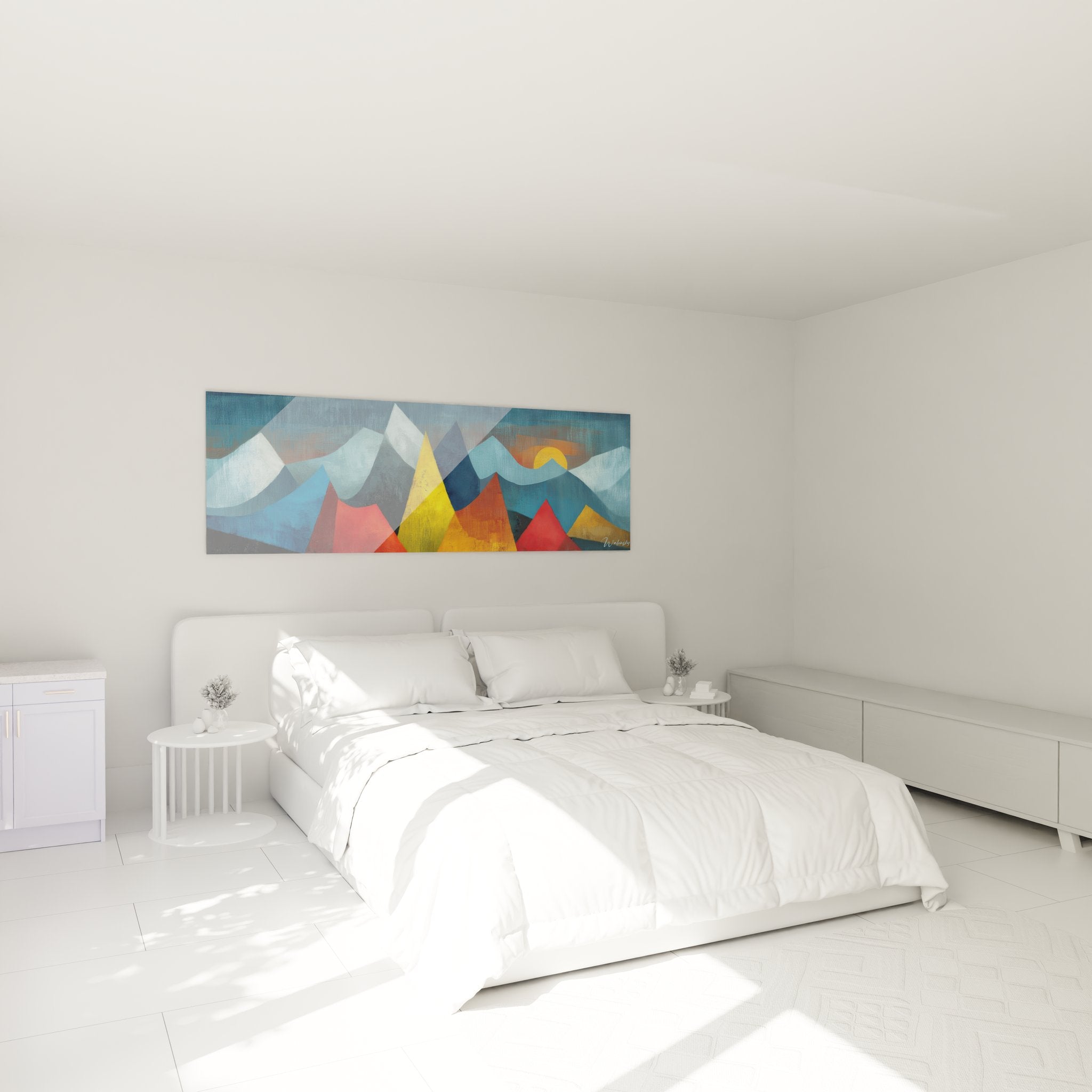 Décoration chambre avec tableau montagne géométrique coloré style contemporain