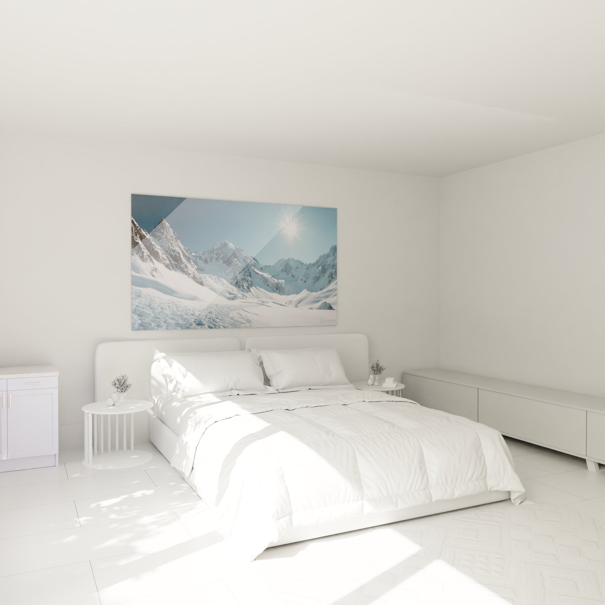 Décoration chambre avec tableau montagne enneigée, ambiance cosy hiver, art mural paysage alpin