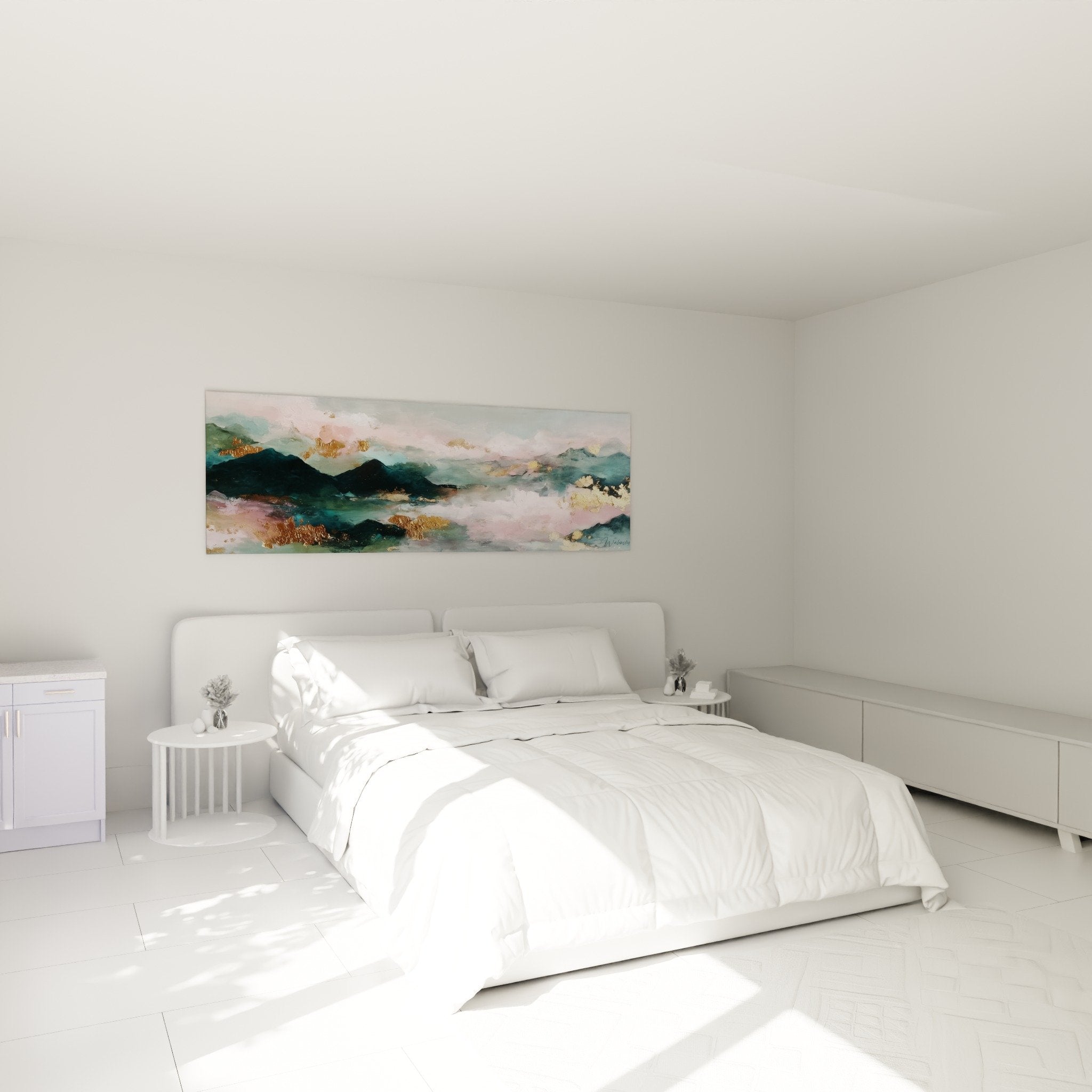 Tableau montagnes abstraites rose turquoise decoration chambre feng shui bois ambiance zen