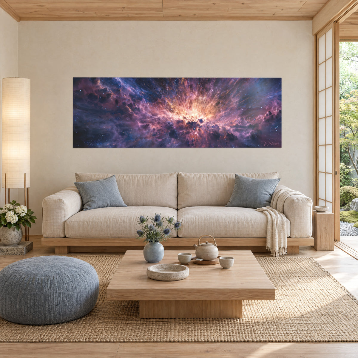 Wall art panoramic stellar explosion, violet clouds and a star-speckled orange core, above a sofa in a bright living room