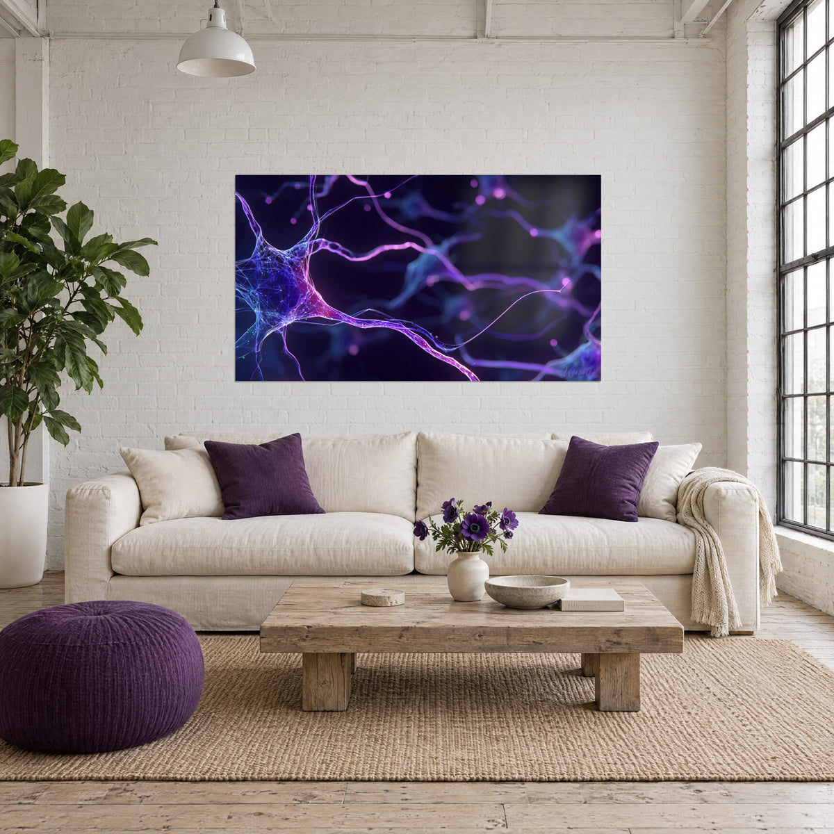 Gemälde Neuron mit violetten Dendriten und magentafarbenem Leuchten auf nachtblauem Grund, über einem Sofa in einem hellen Wohnzimmer