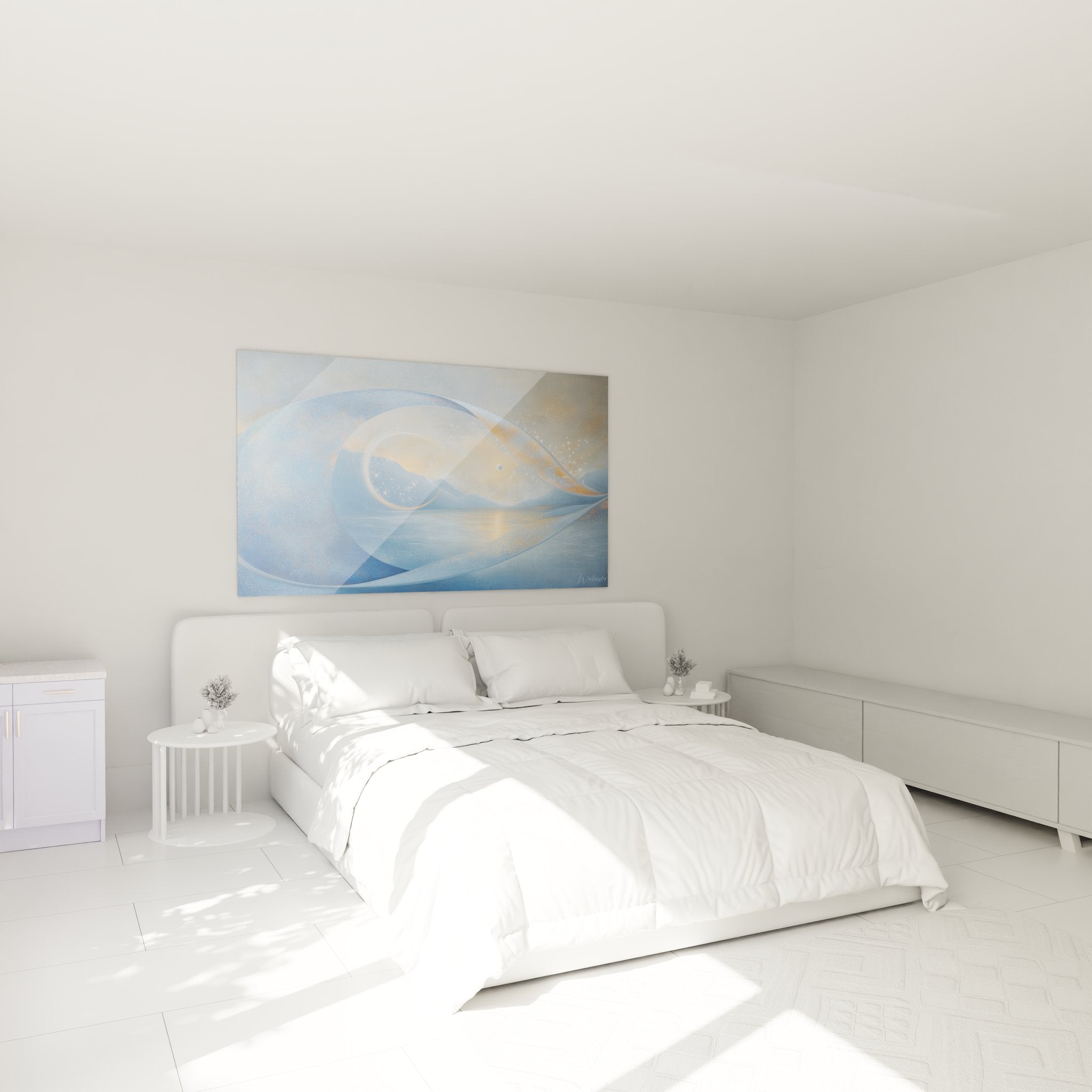 Décoration chambre tableau onde bleue abstraite - ambiance apaisante art contemporain mural