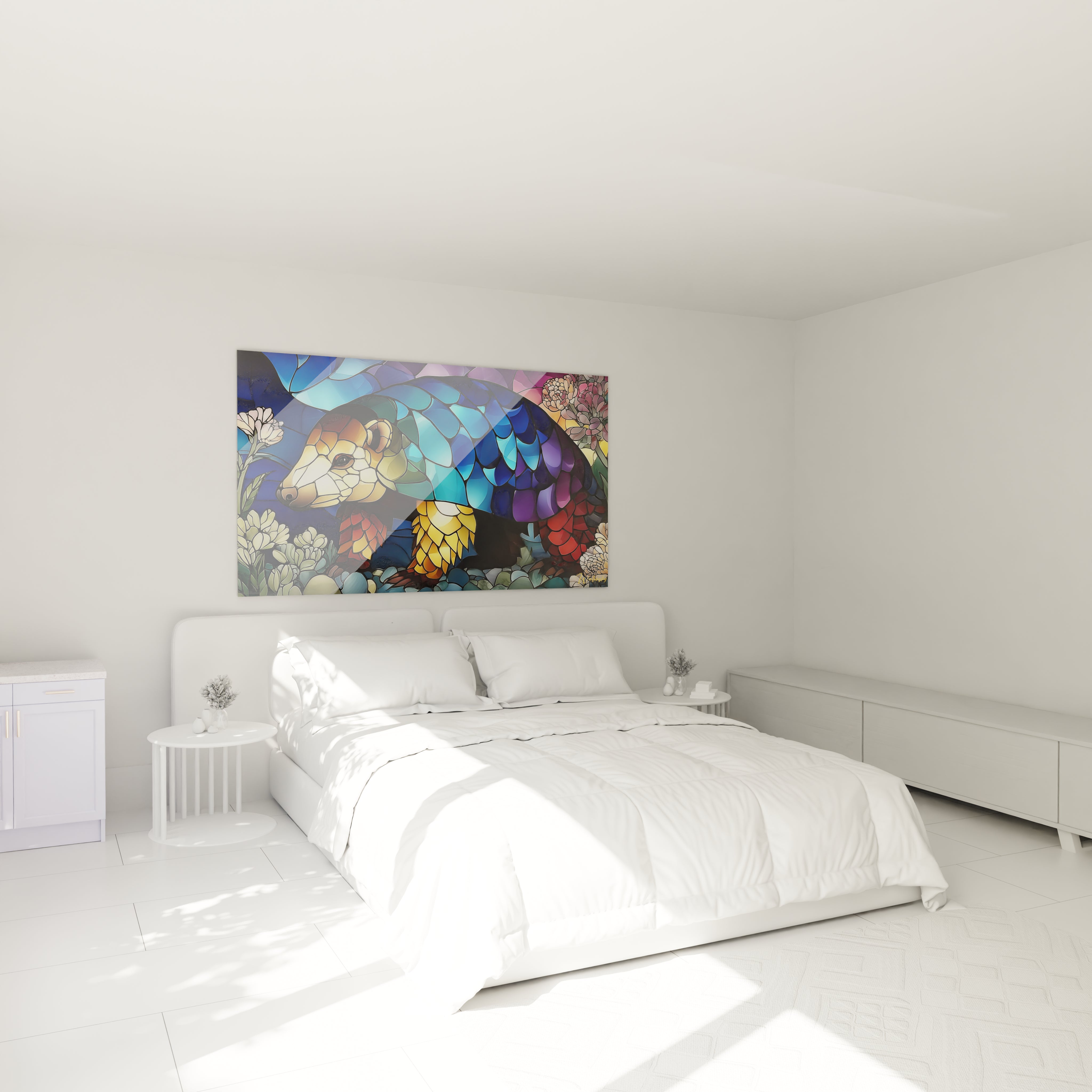 Ambiance chambre avec tableau mural pangolin vitrail coloré décoration moderne