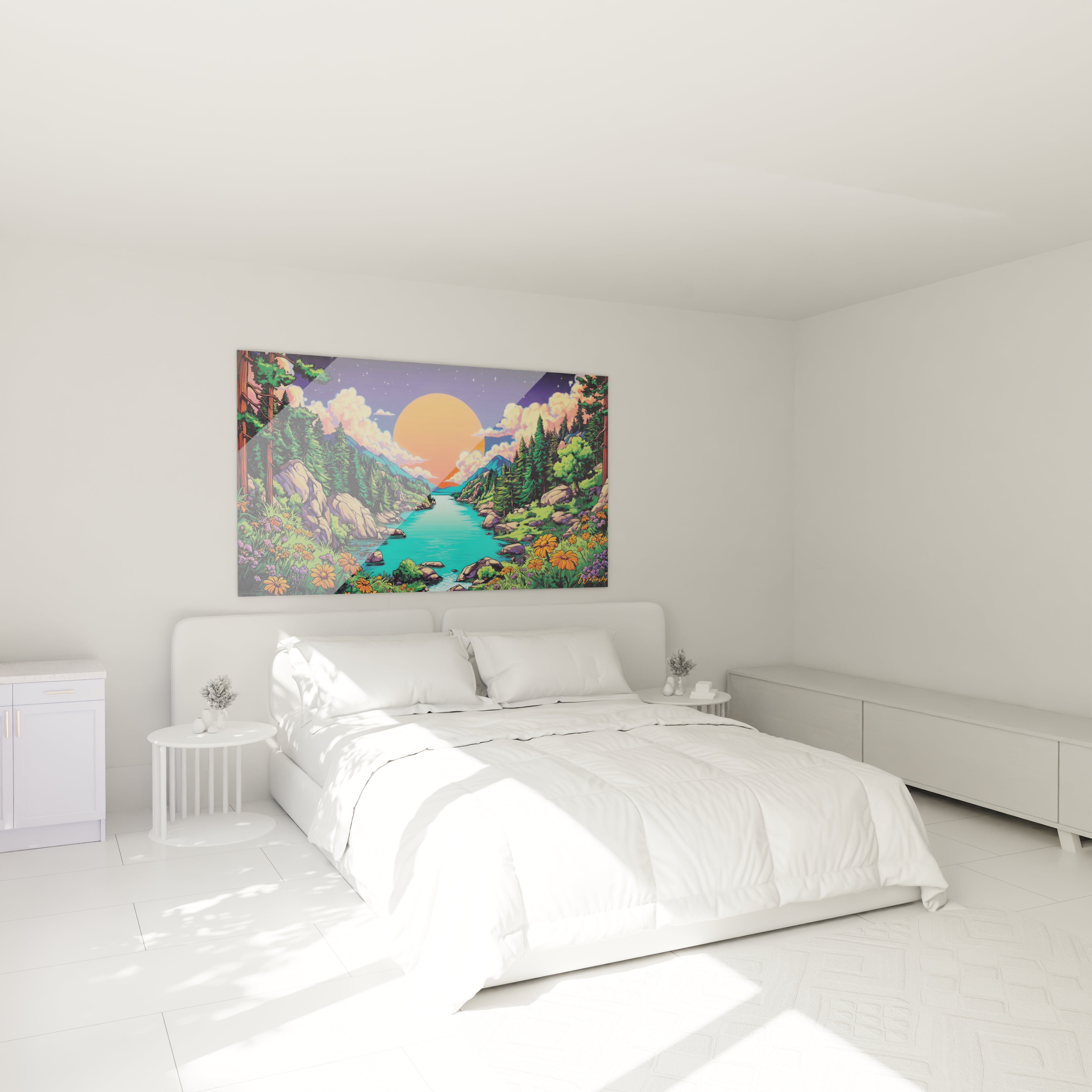 Décoration chambre avec tableau paysage rivière tropicale bande dessinée aux couleurs vives et apaisantes