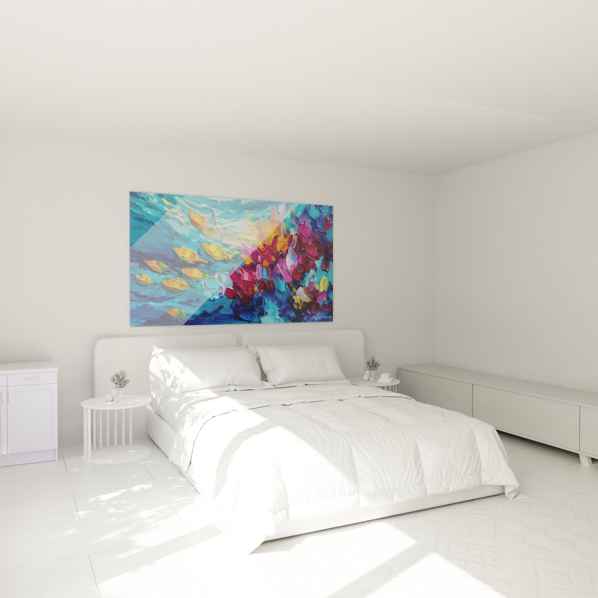 Décoration chambre avec tableau poissons exotiques et corail coloré ambiance marine