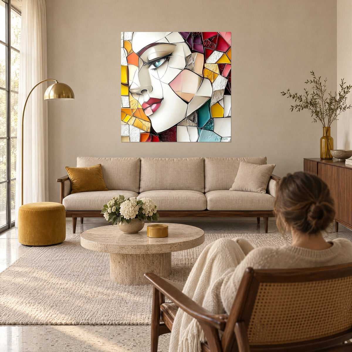 Tableau visage de femme en mosaïque aux lèvres carmin et à l'œil turquoise, éclats ocre et bordeaux, au-dessus d'un canapé dans un salon lumineux