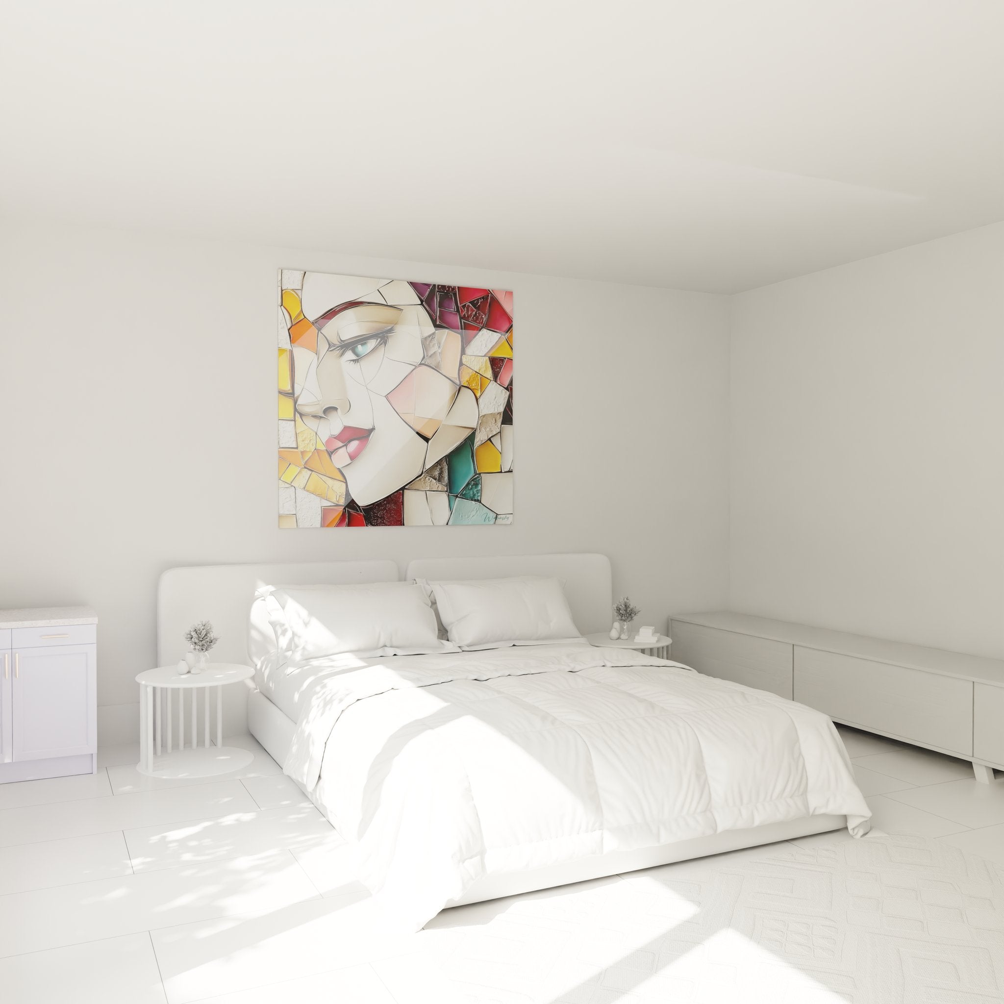 Décoration chambre avec tableau mural portrait féminin vitraux aux tons chauds